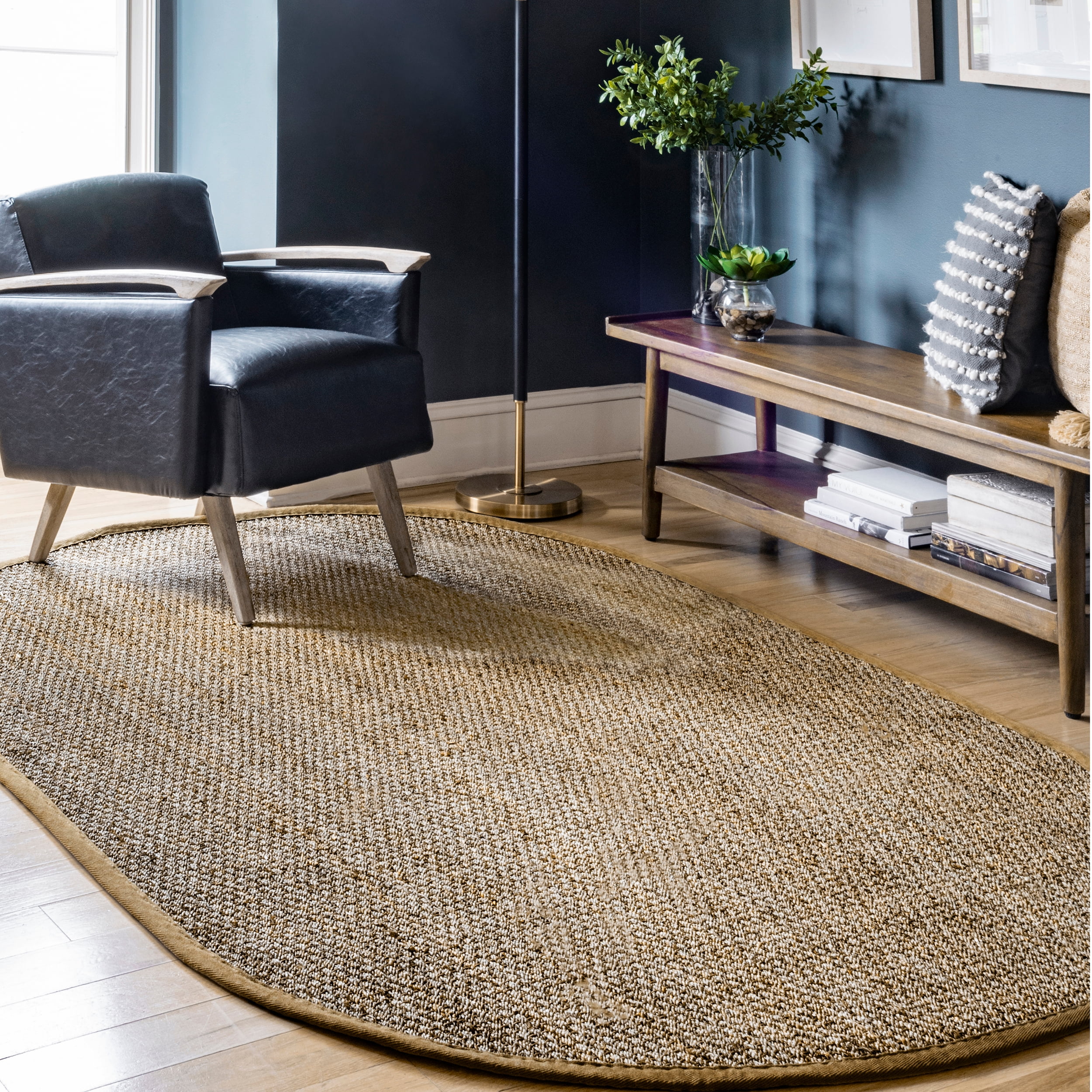 Beige Oval Seagrass Indoor Area Rug with Cotton Border, 5' x 8'
