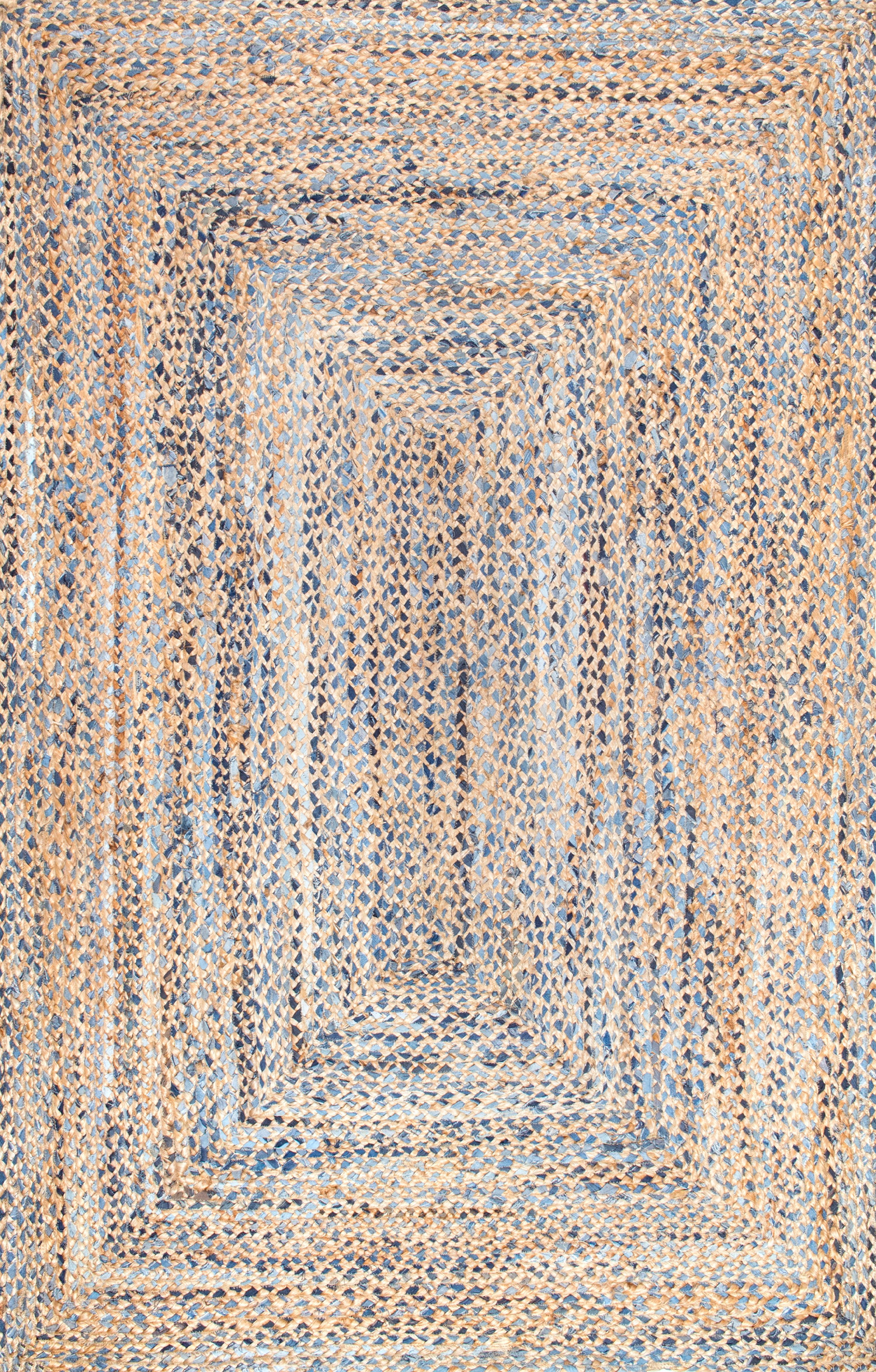 Handmade Blue and Beige Braided Cotton Rectangular Rug