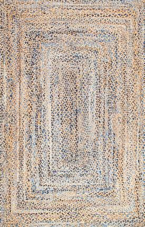 Handcrafted Blue and Beige Cotton Round Area Rug, 8'