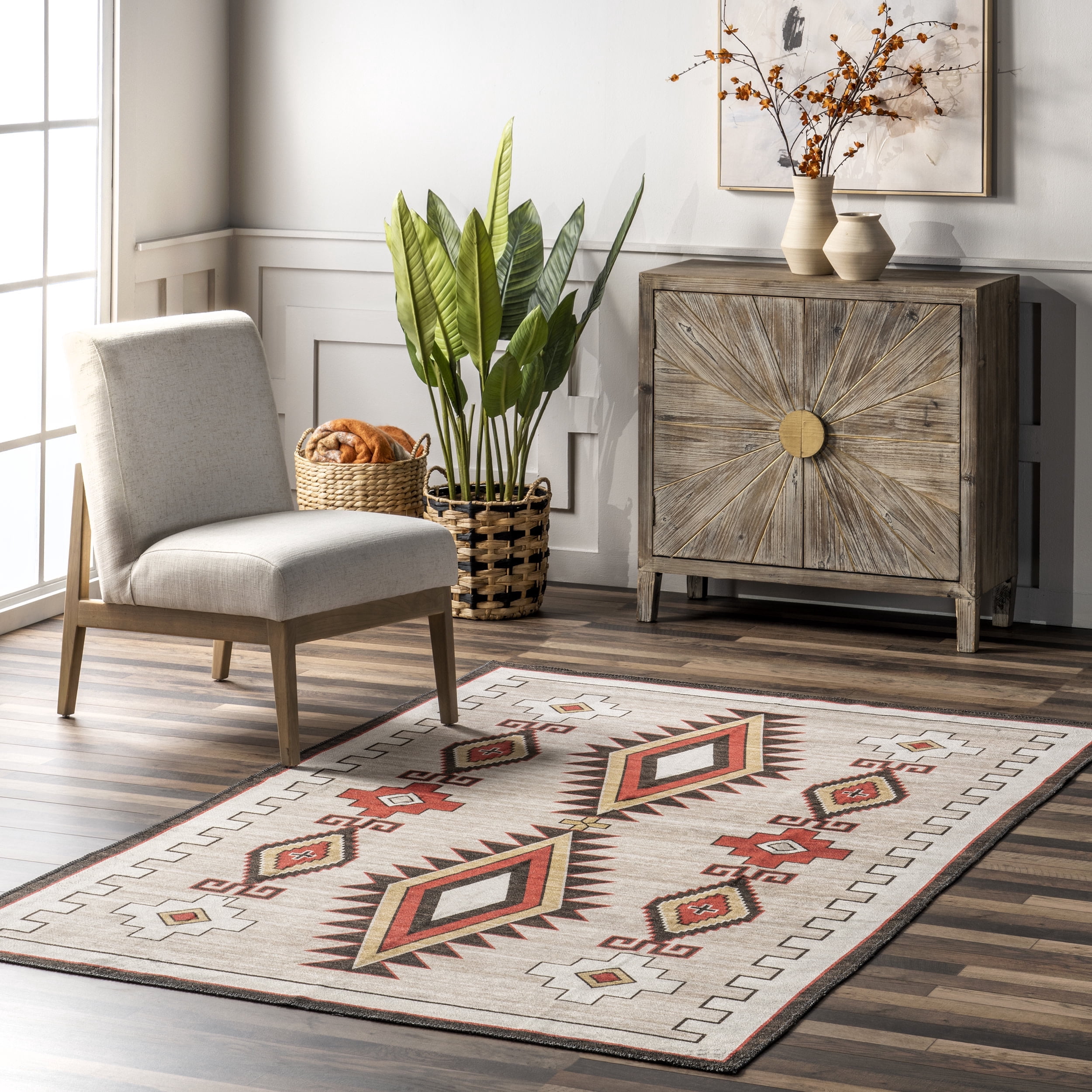 nuLOOM Elora Southwestern Machine Washable Area Rug, 4' x 6', Ivory