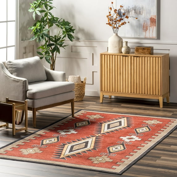 nuLOOM Elora Southwestern Machine Washable Area Rug, 7' x 9', Red
