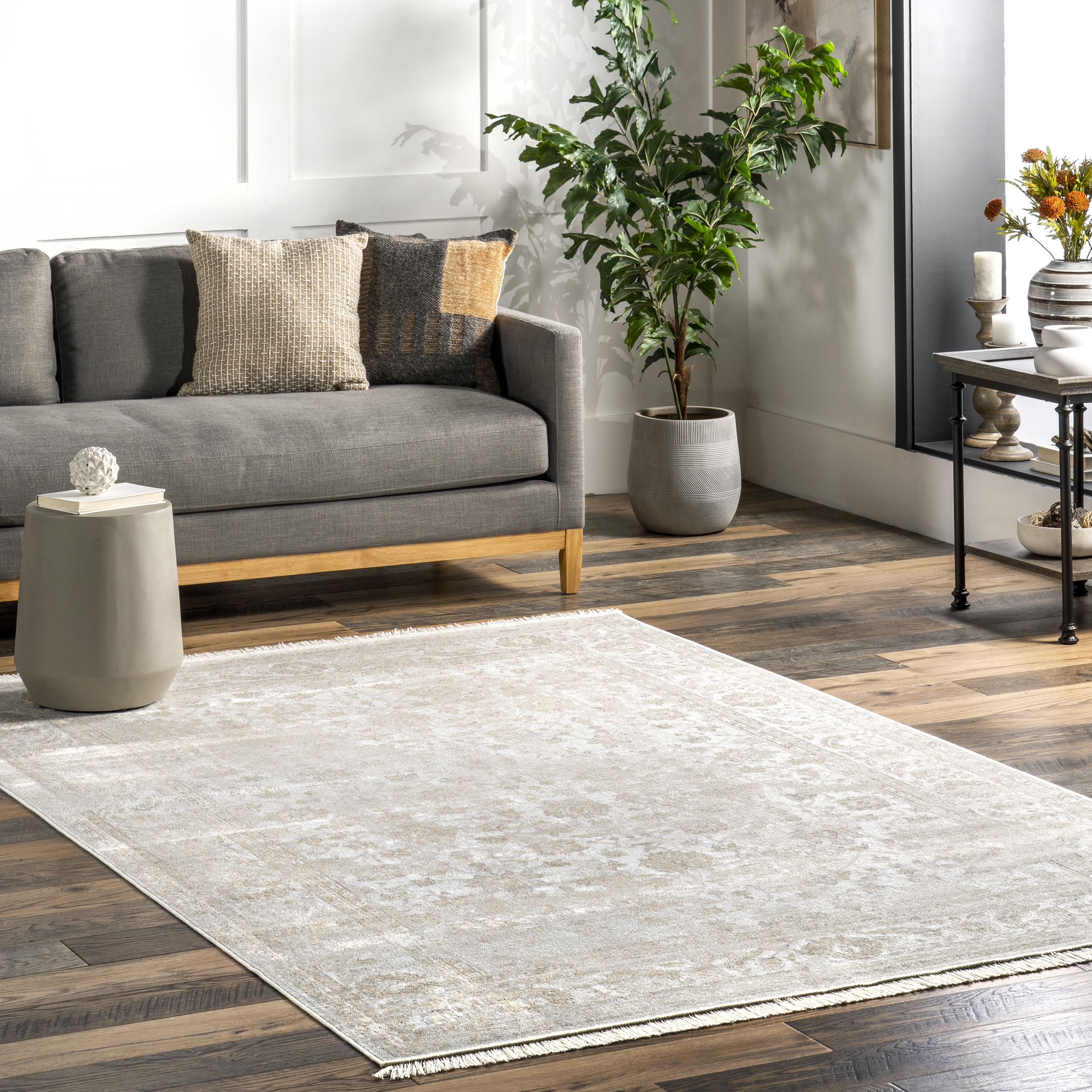 Ivory Floral Viscose Rectangular 10' x 14' Area Rug