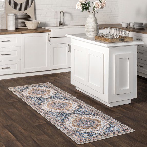nuLOOM Emi Traditional SplashGuard Machine Washable Area Rug, 2' 6" x 8', Runner, Emi Blue Multicolor