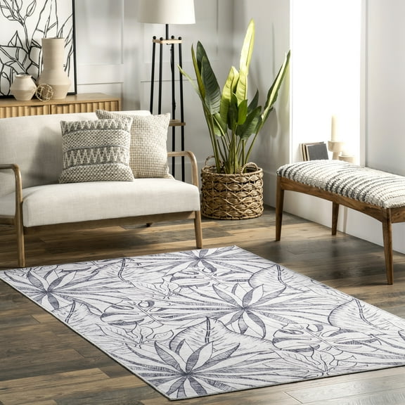 nuLOOM Emilia Tropical Machine Washable Reverisble Area Rug, 5' x 8', Navy and Gray