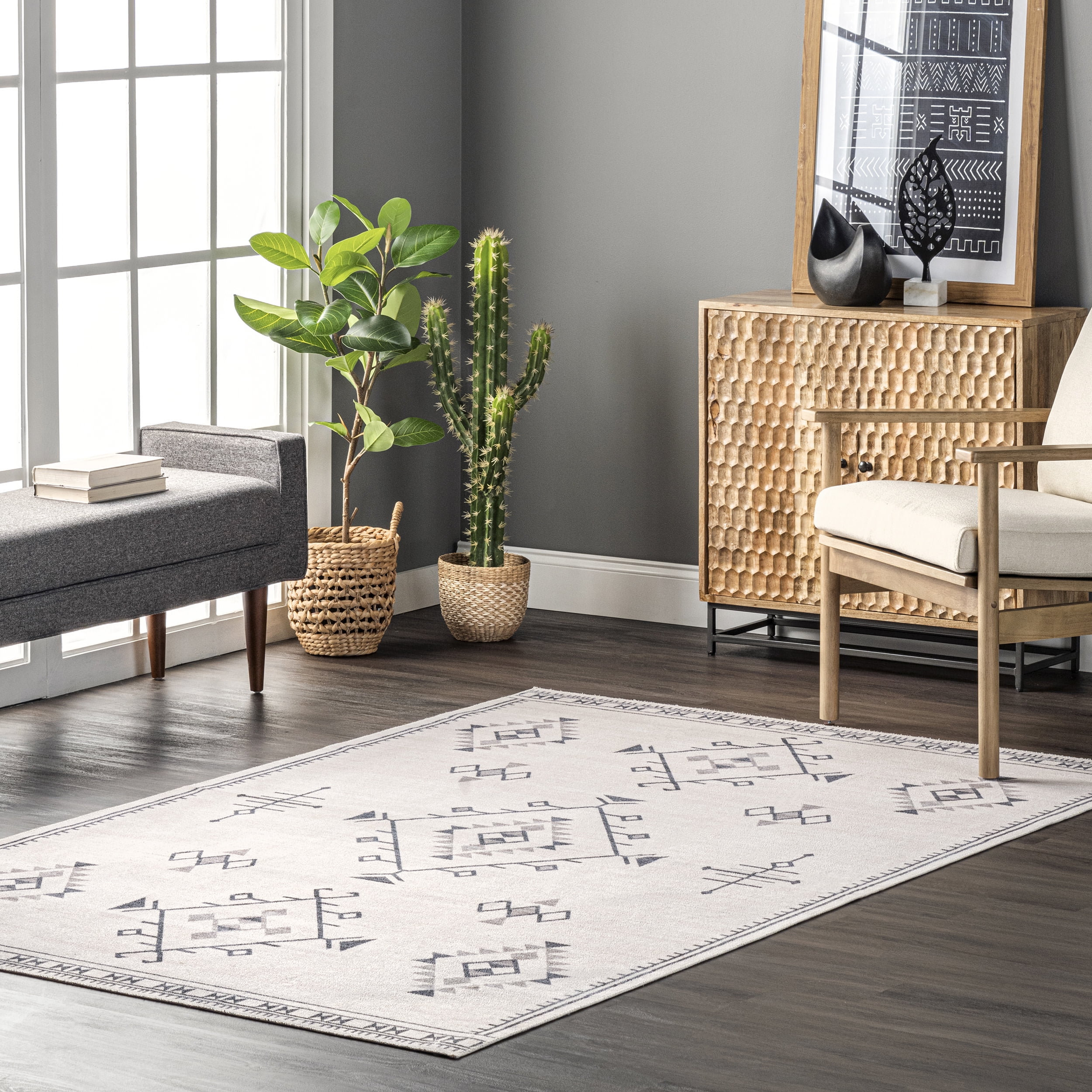 Cream Rectangular Washable Synthetic Area Rug, 2' x 3'
