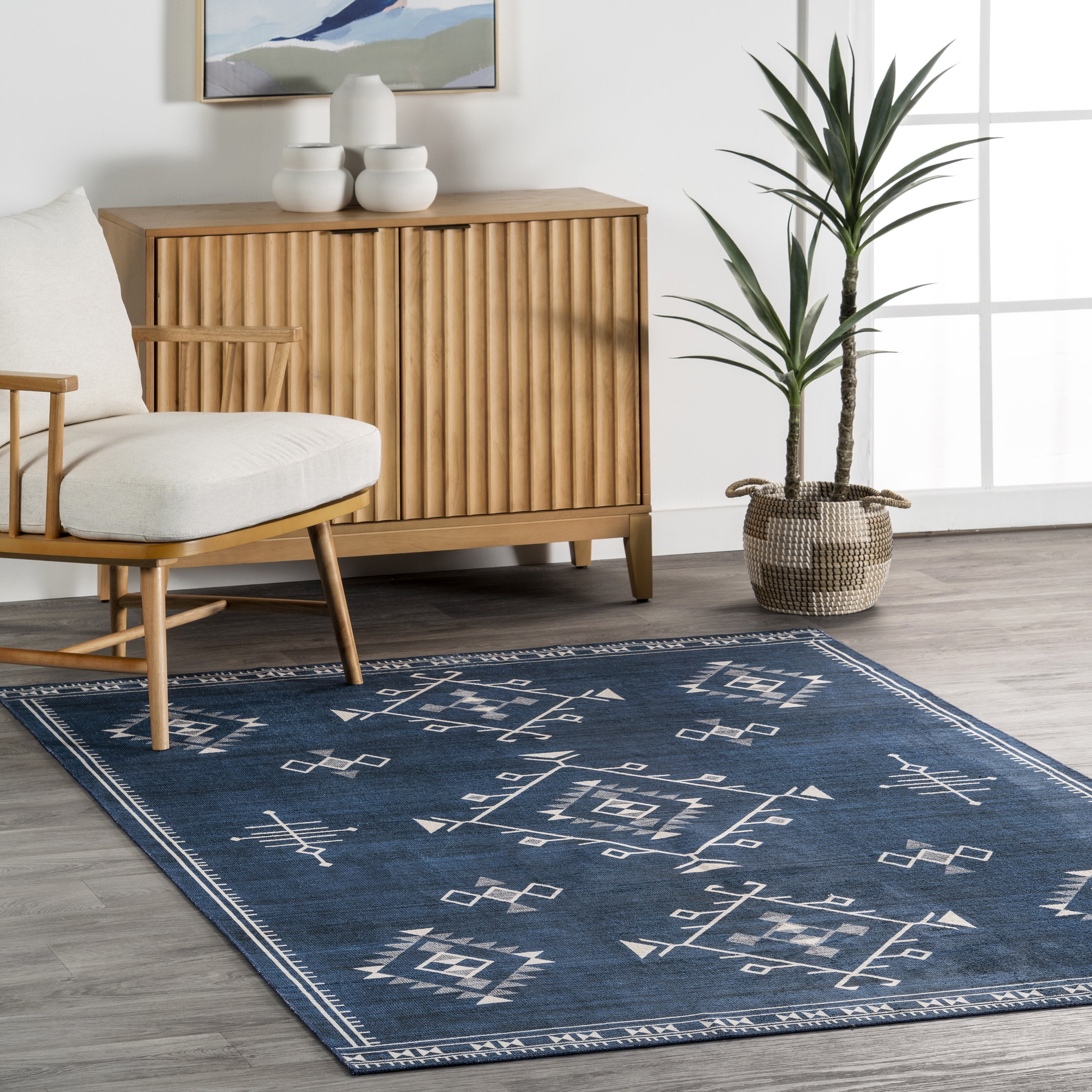 Navy Rectangular Reversible Washable Synthetic Area Rug, 3' x 5'