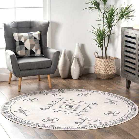 nuLOOM Evalyn SpinClean Southwestern Machine Washable Area Rug, 6', Round, Evalyn Cream