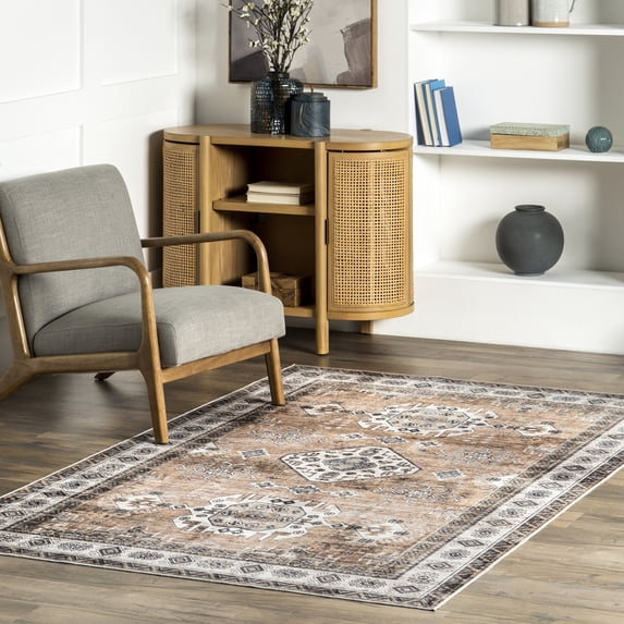 nuLOOM Evelina Traditional SplashGuard Machine Washable Area Rug, 2' x 3', Evelina Light Orange