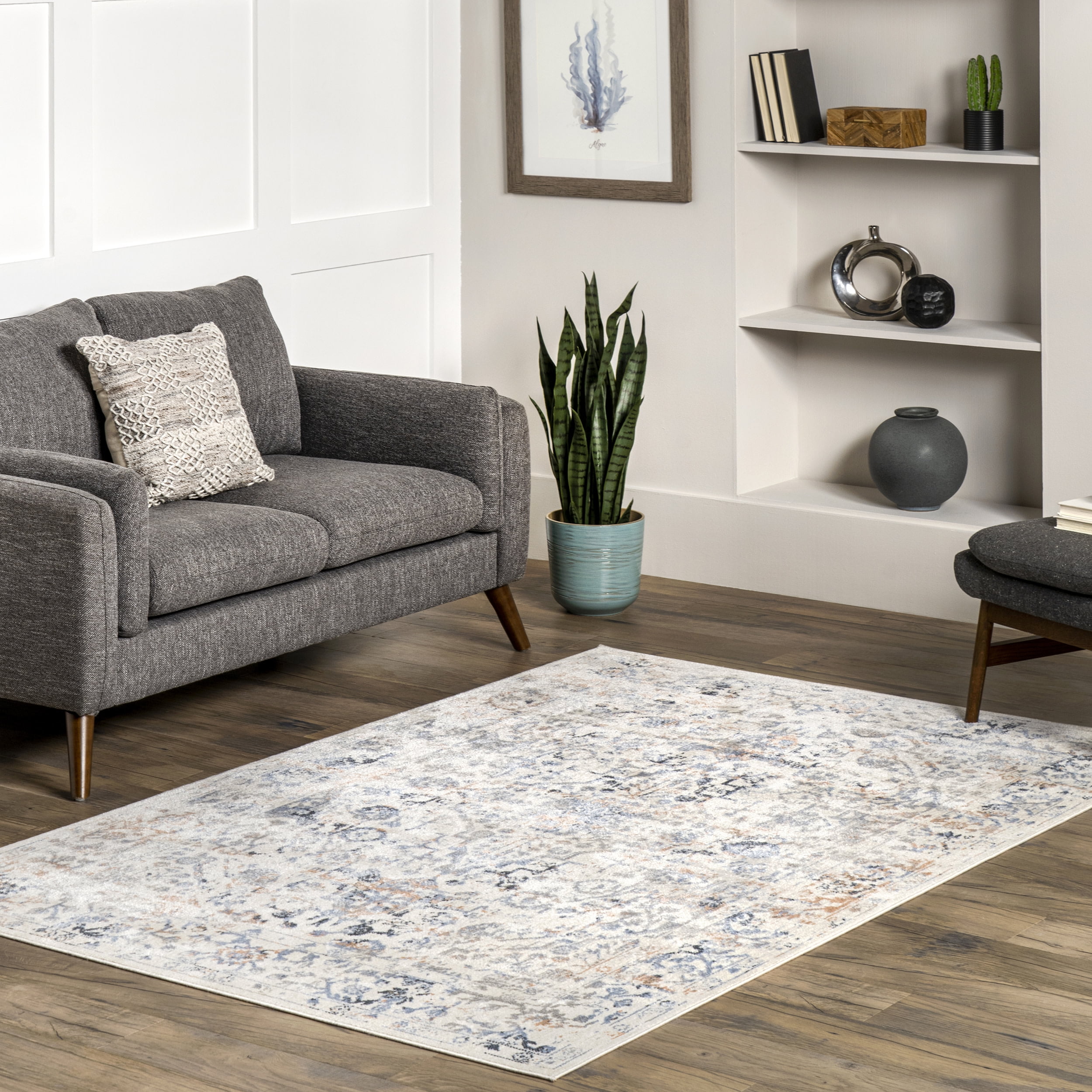 Everlee Faded Persian Blue and Beige Washable Area Rug