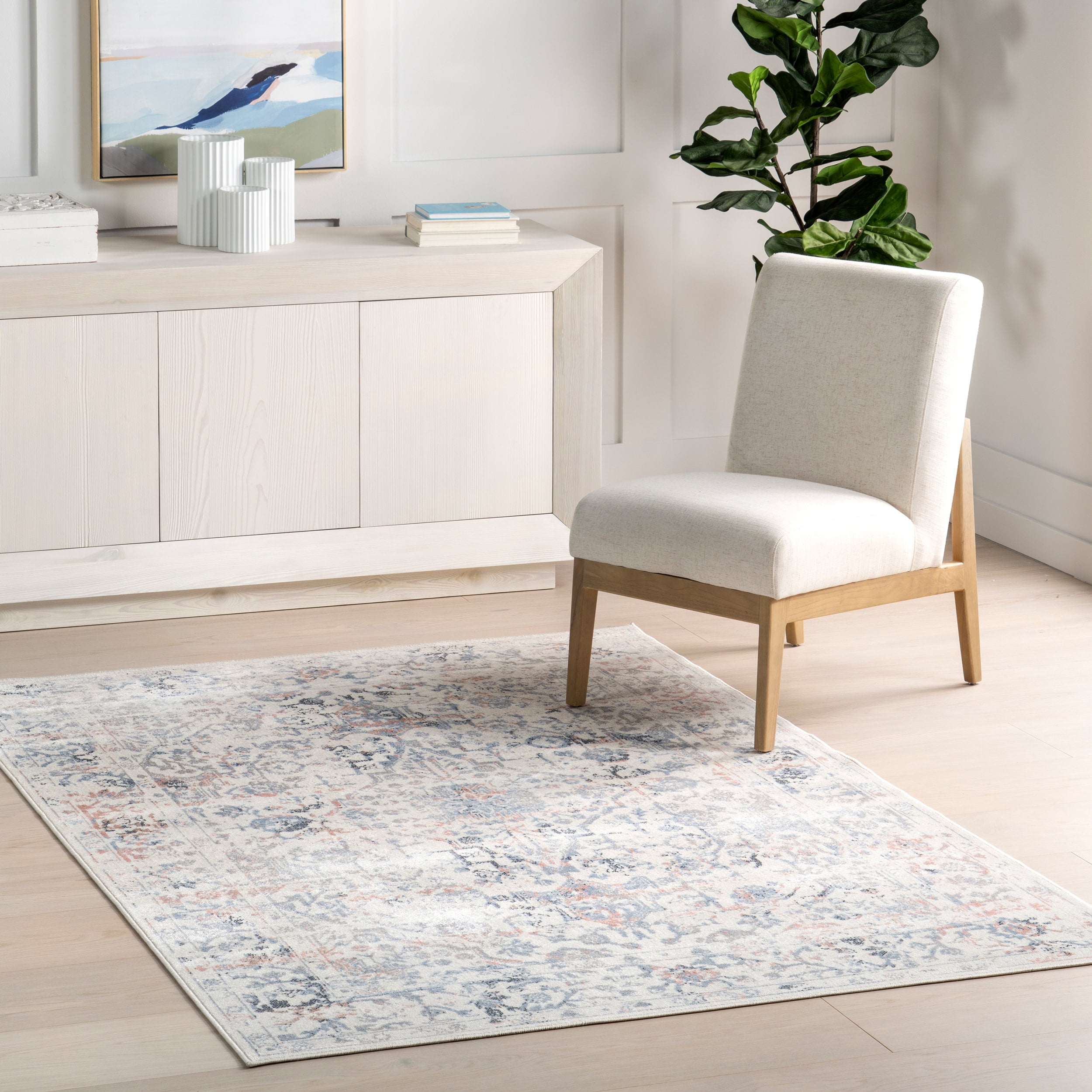 Everlee Blue and Beige Washable Synthetic 9' x 12' Area Rug