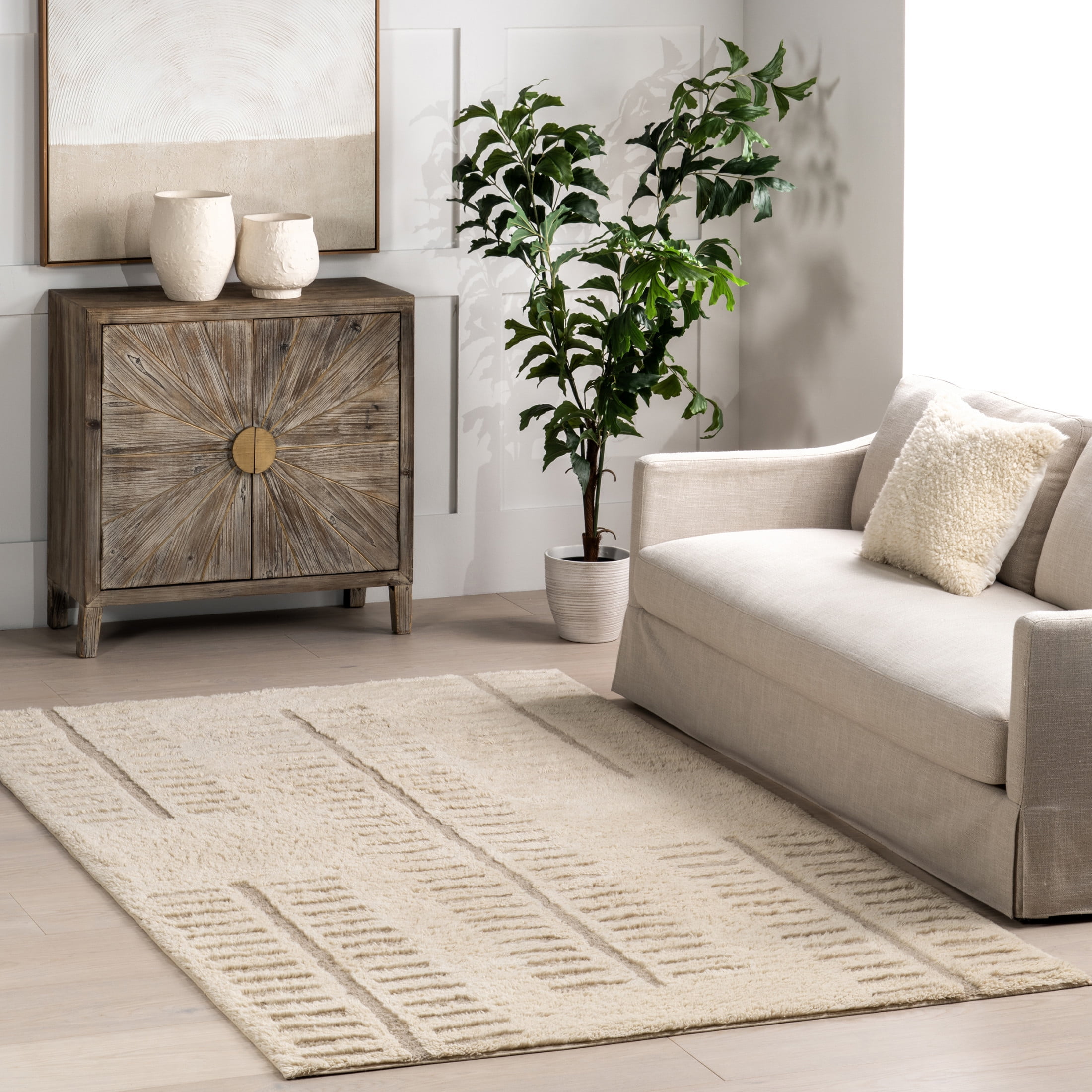 Finlay Ivory Geometric Wool Machine Washable 4' x 6' Area Rug