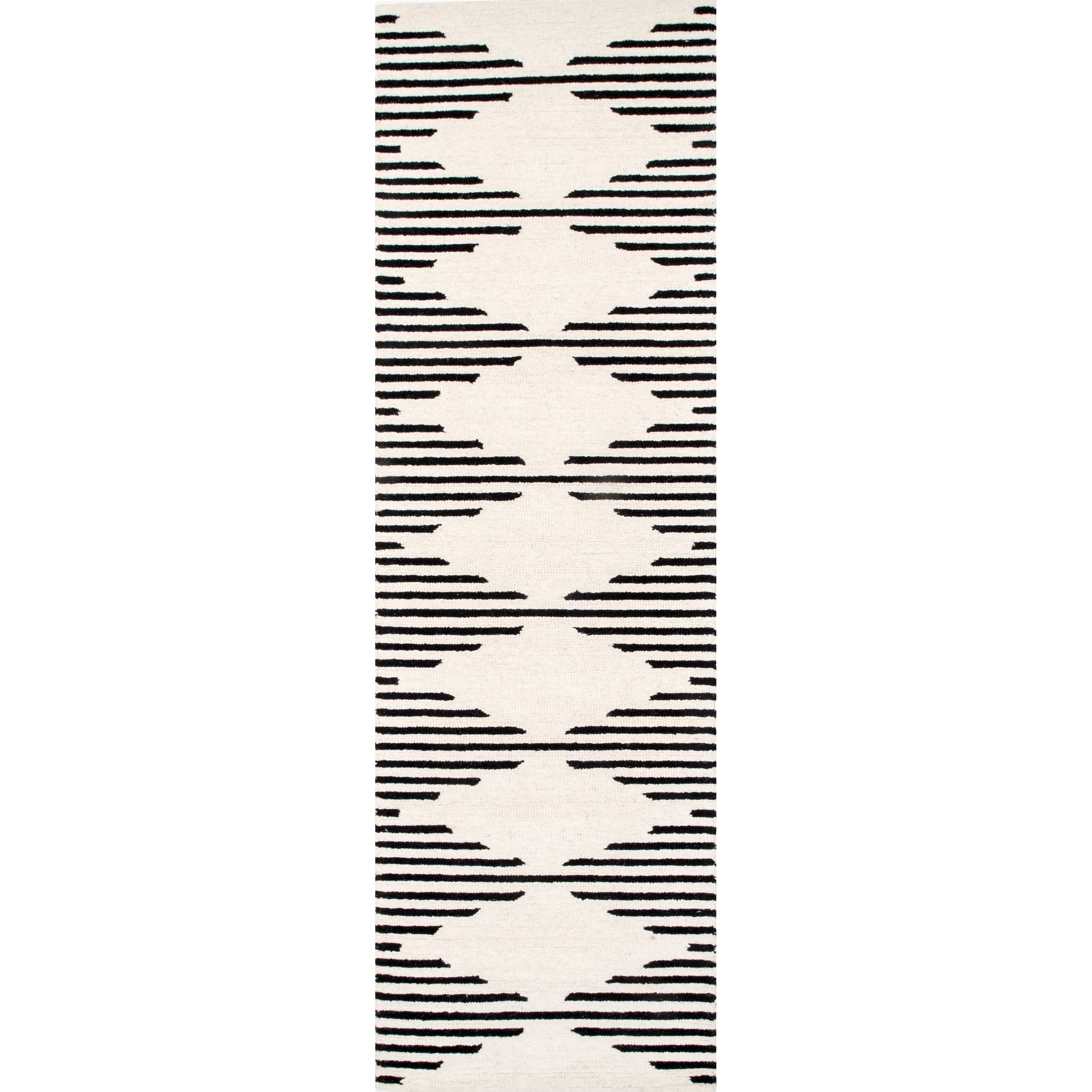 Ivory and Black Handmade Wool Runner Rug, 2' x 8'