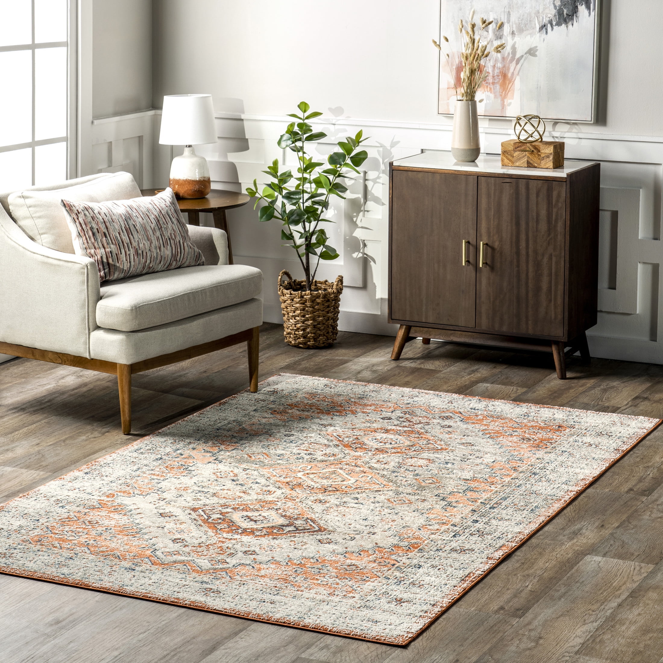 Gavina Beige and Orange Synthetic Oriental 5' x 8' Area Rug