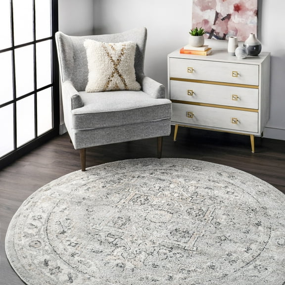 nuLOOM Gena Distressed Transitional Medallion Area Rug, 8', Round, Gena Light Grey