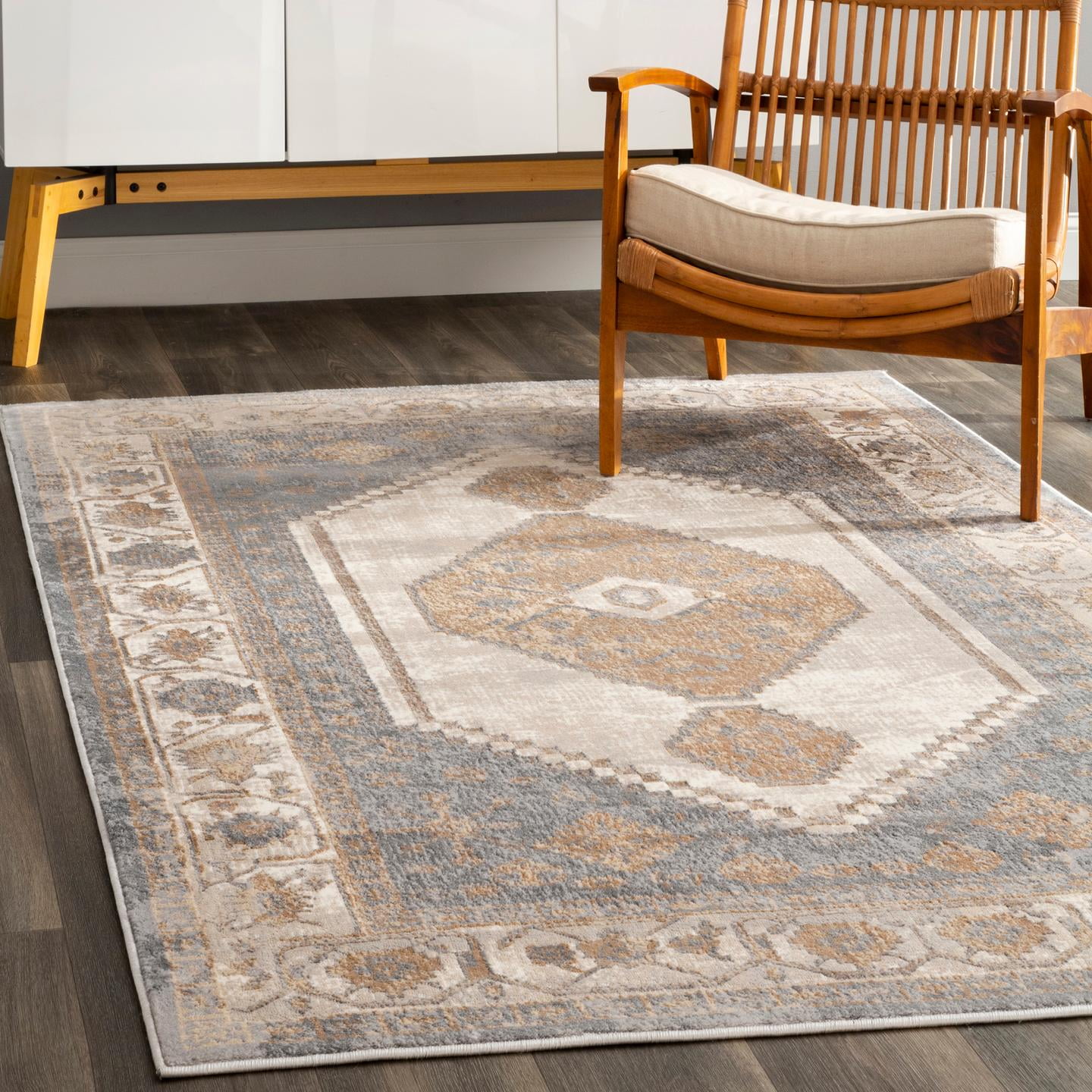 Vintage Beige and Blue Synthetic Rectangular Area Rug