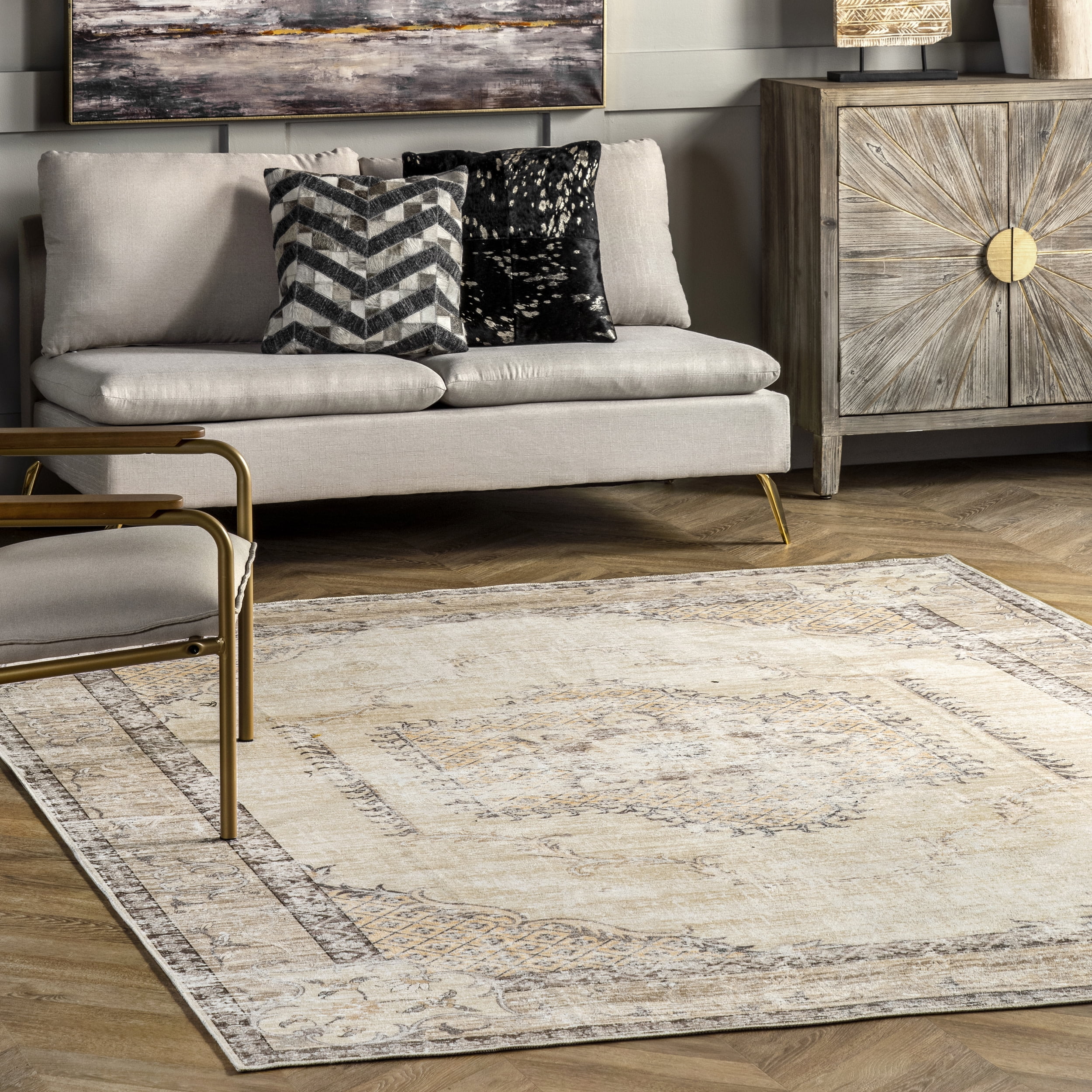 Glenda Light Gray Medallion Washable Synthetic Area Rug