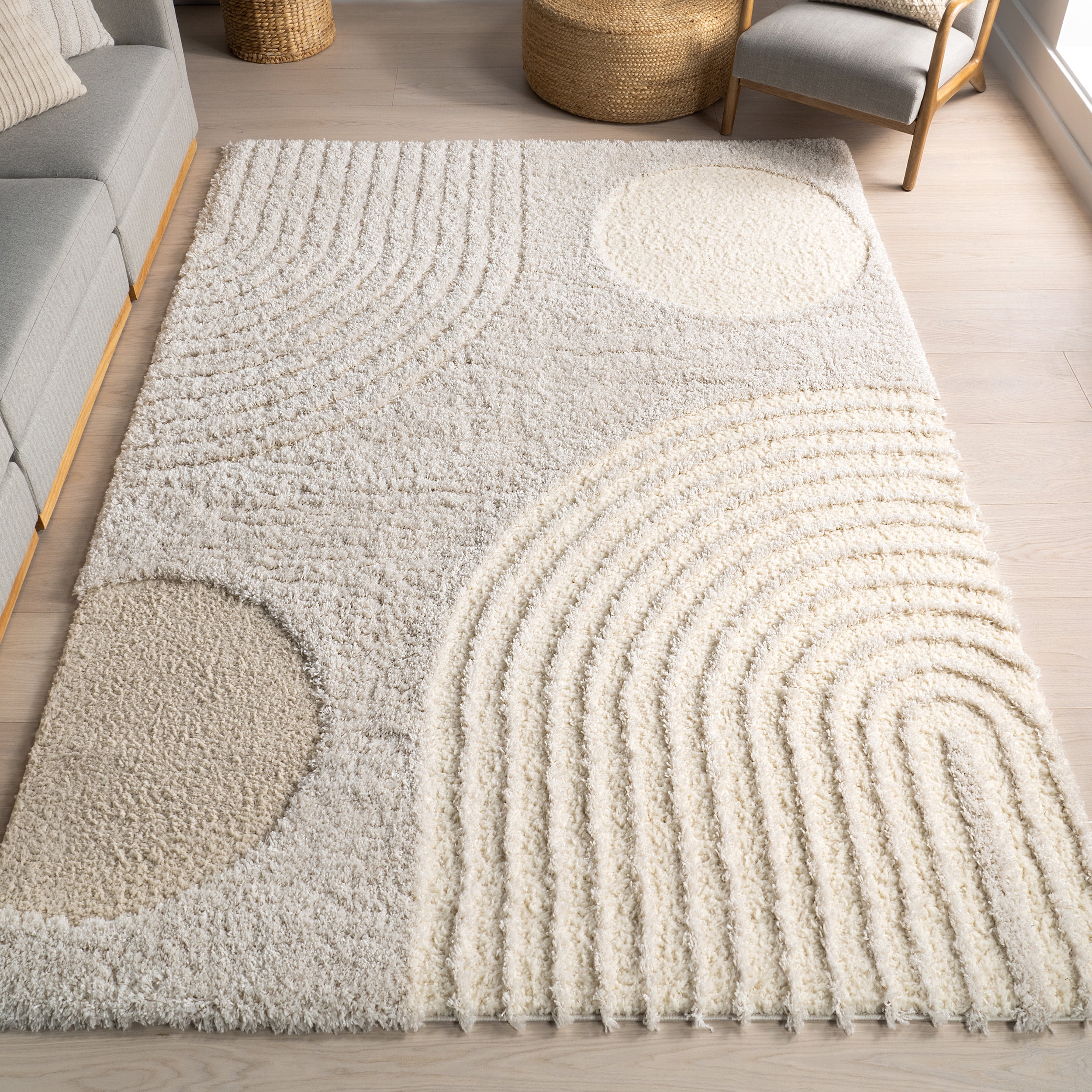 Beige Abstract Shag 12' x 15' Synthetic Area Rug