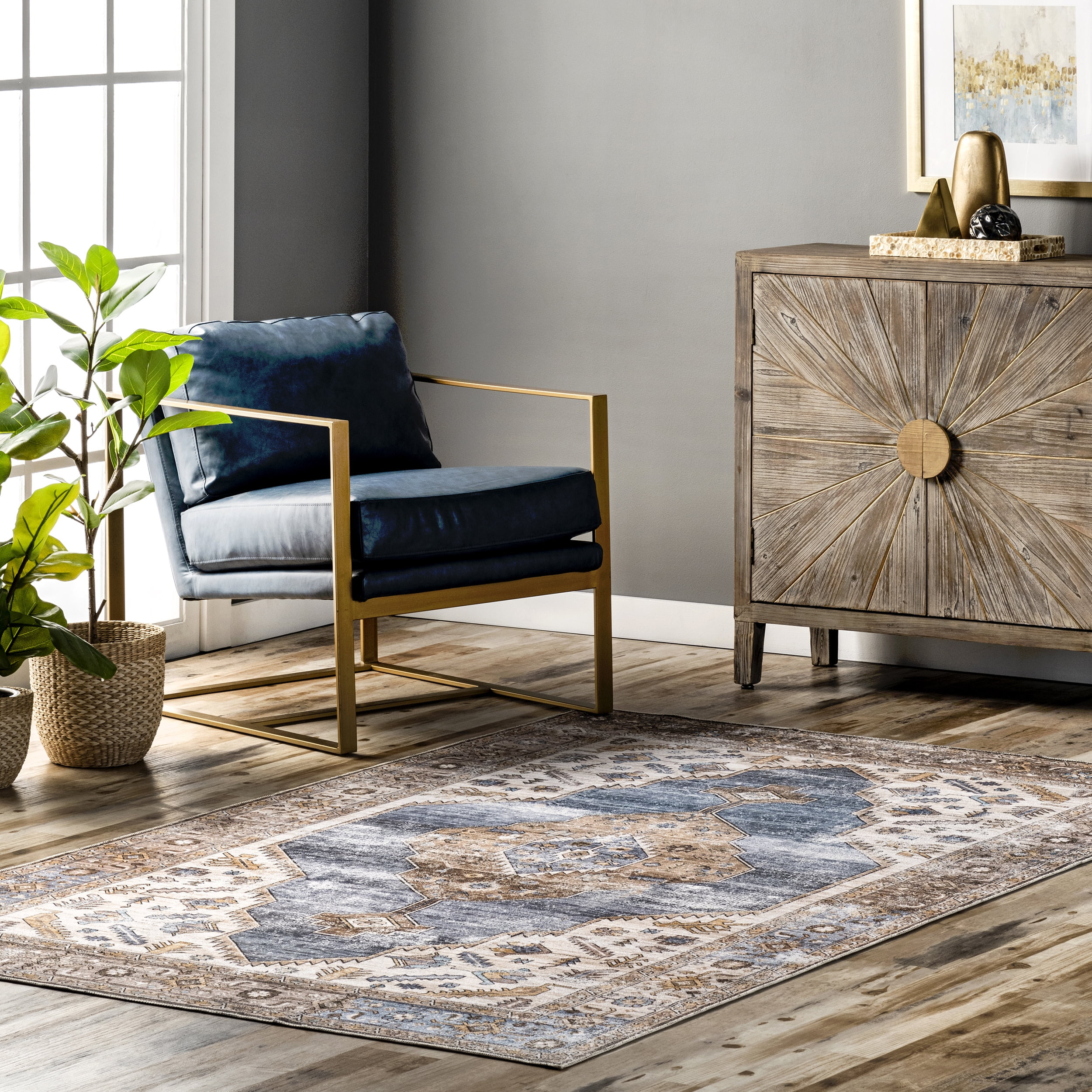 Blue Medallion Easy-Care Ultra Thin Synthetic Area Rug, 4' x 6'