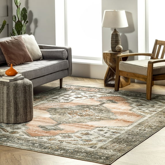 nuLOOM Gracie SpinClean Distressed Medallion Machine Washable Area Rug, 6' x 9', Gracie Peach
