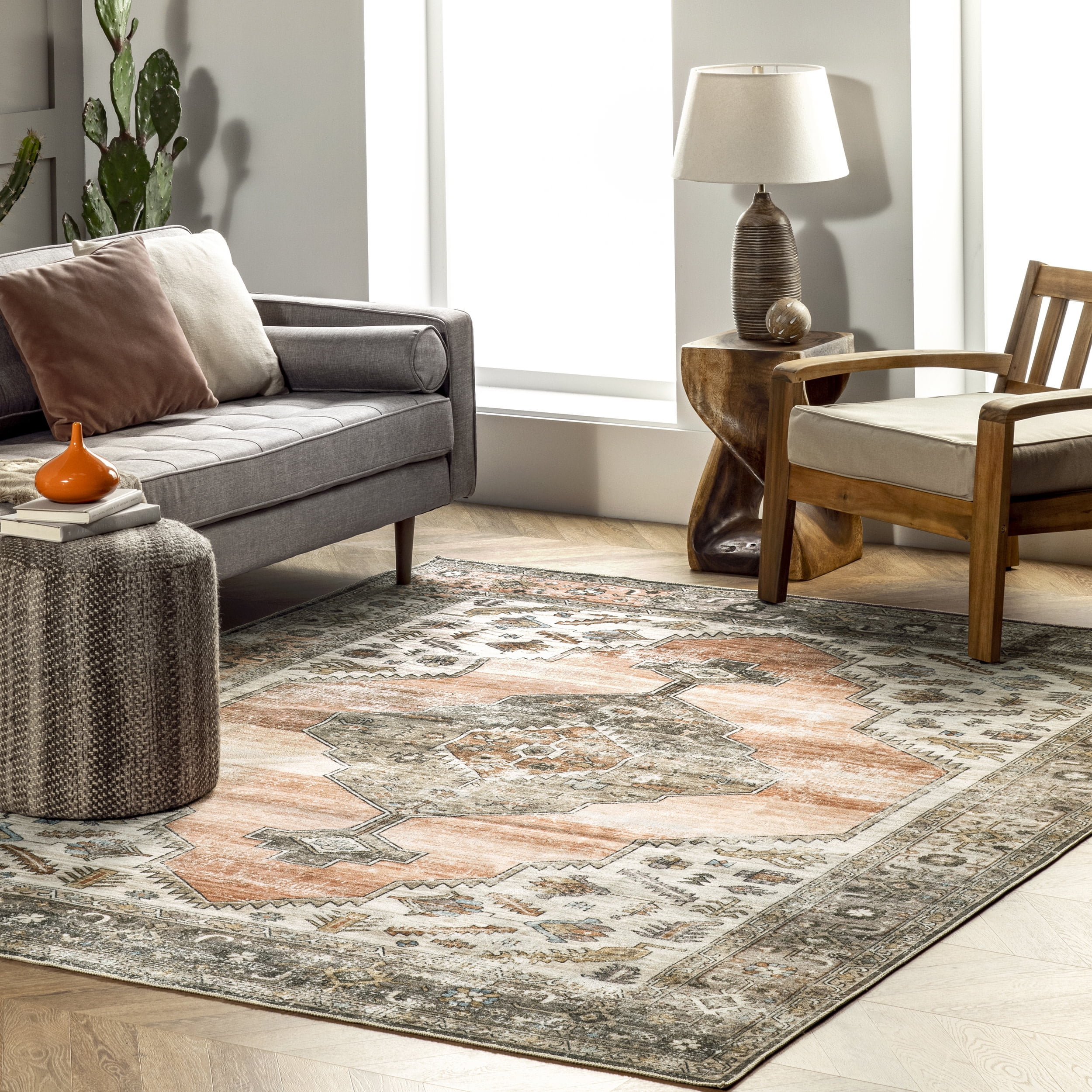 Peach Medallion 6' x 9' Washable Synthetic Area Rug