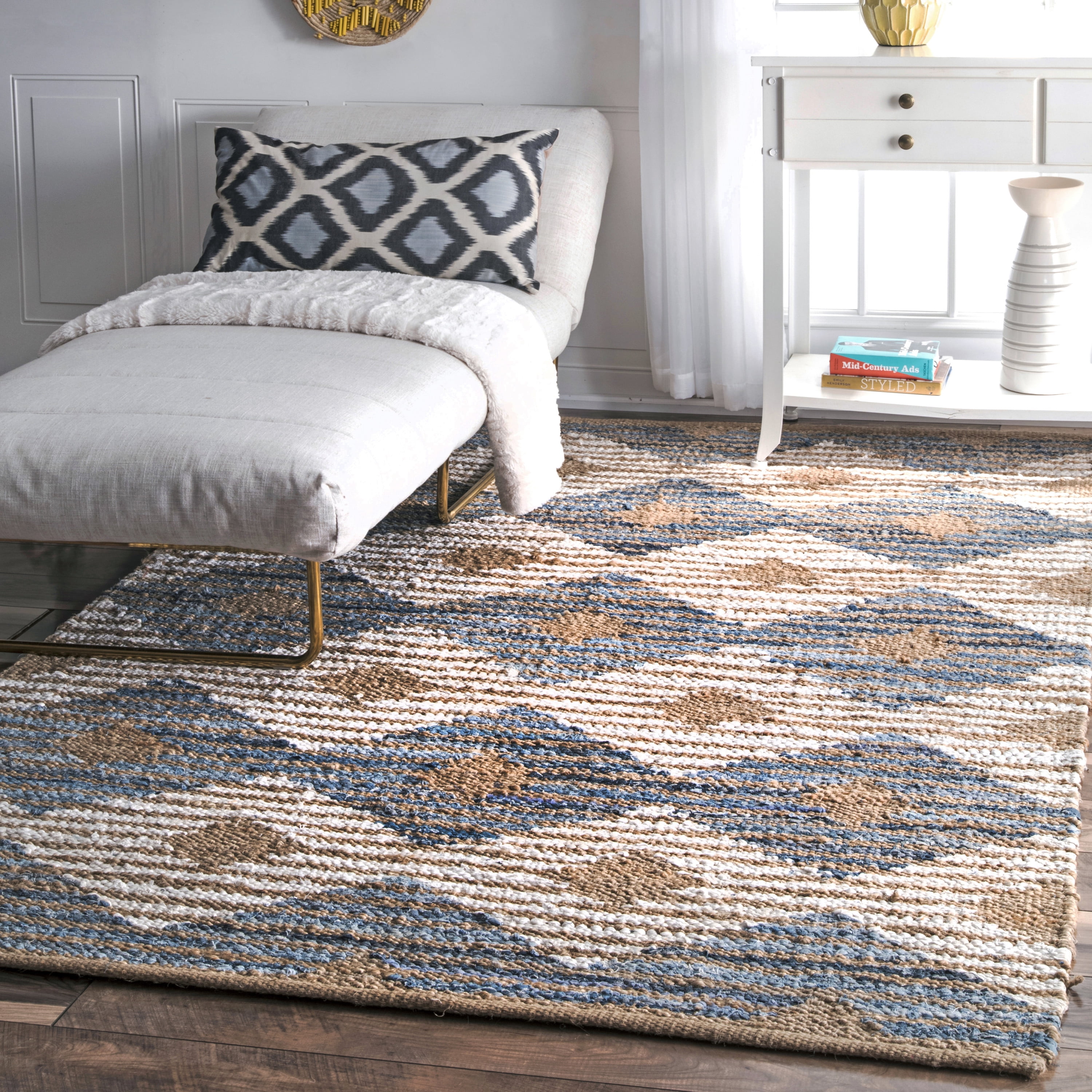 nuLOOM Hand Braided Marla Denim And Jute Diamonds Area Rug, 12' x 15', Off White