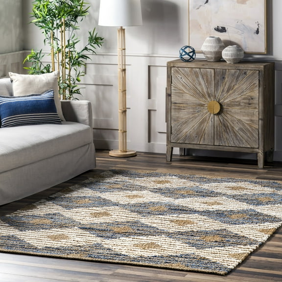 nuLOOM Hand Braided Marla Denim And Jute Diamonds Area Rug, 5' x 8', Marla Off-white