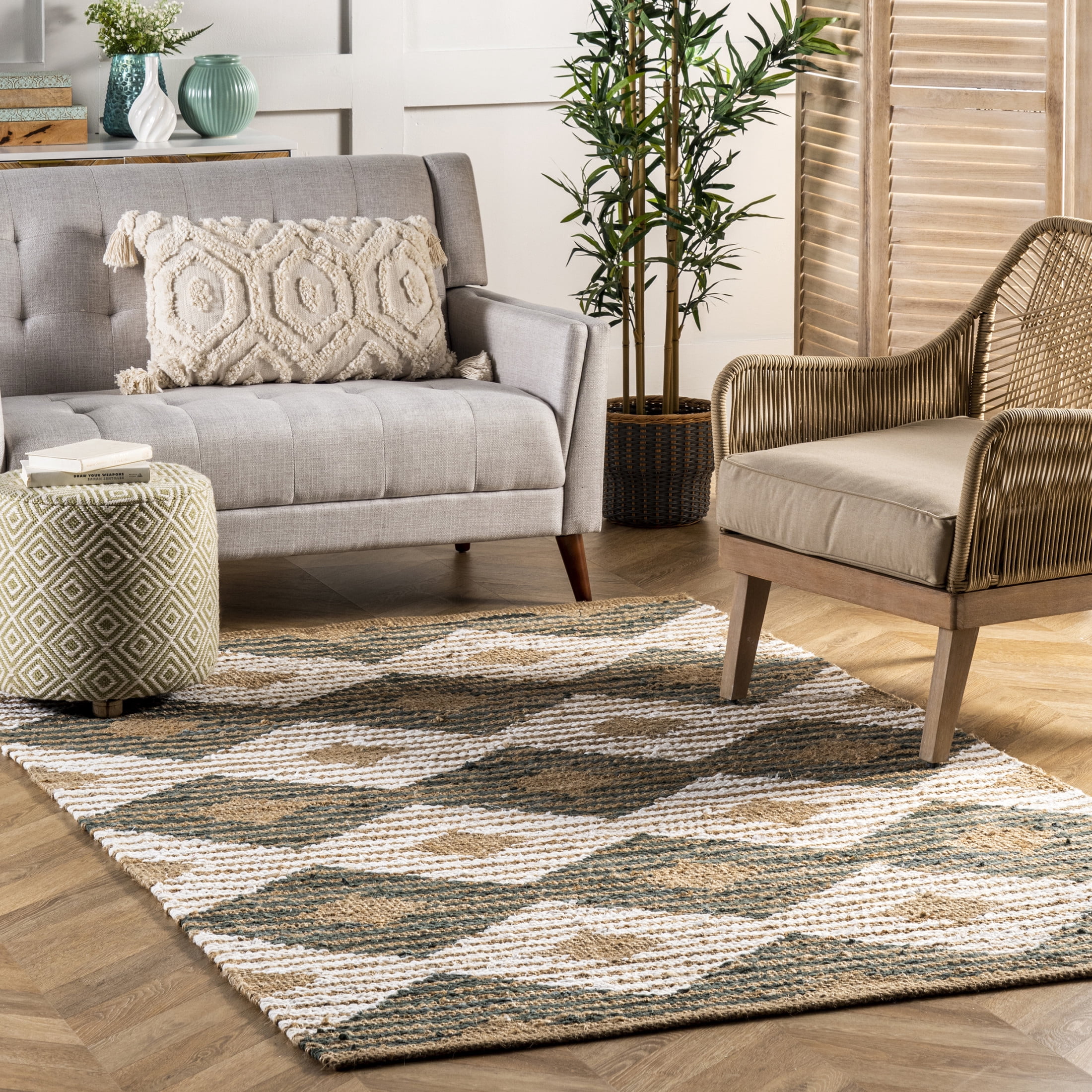nuLOOM Hand Braided Marla Denim And Jute Diamonds Area Rug, 4' x 6', Marla Olive