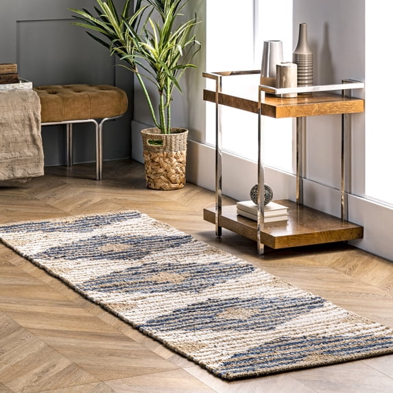 nuLOOM Hand Braided Marla Denim And Jute Diamonds Area Rug, 2' 6" x 10', Runner, Marla Off-white
