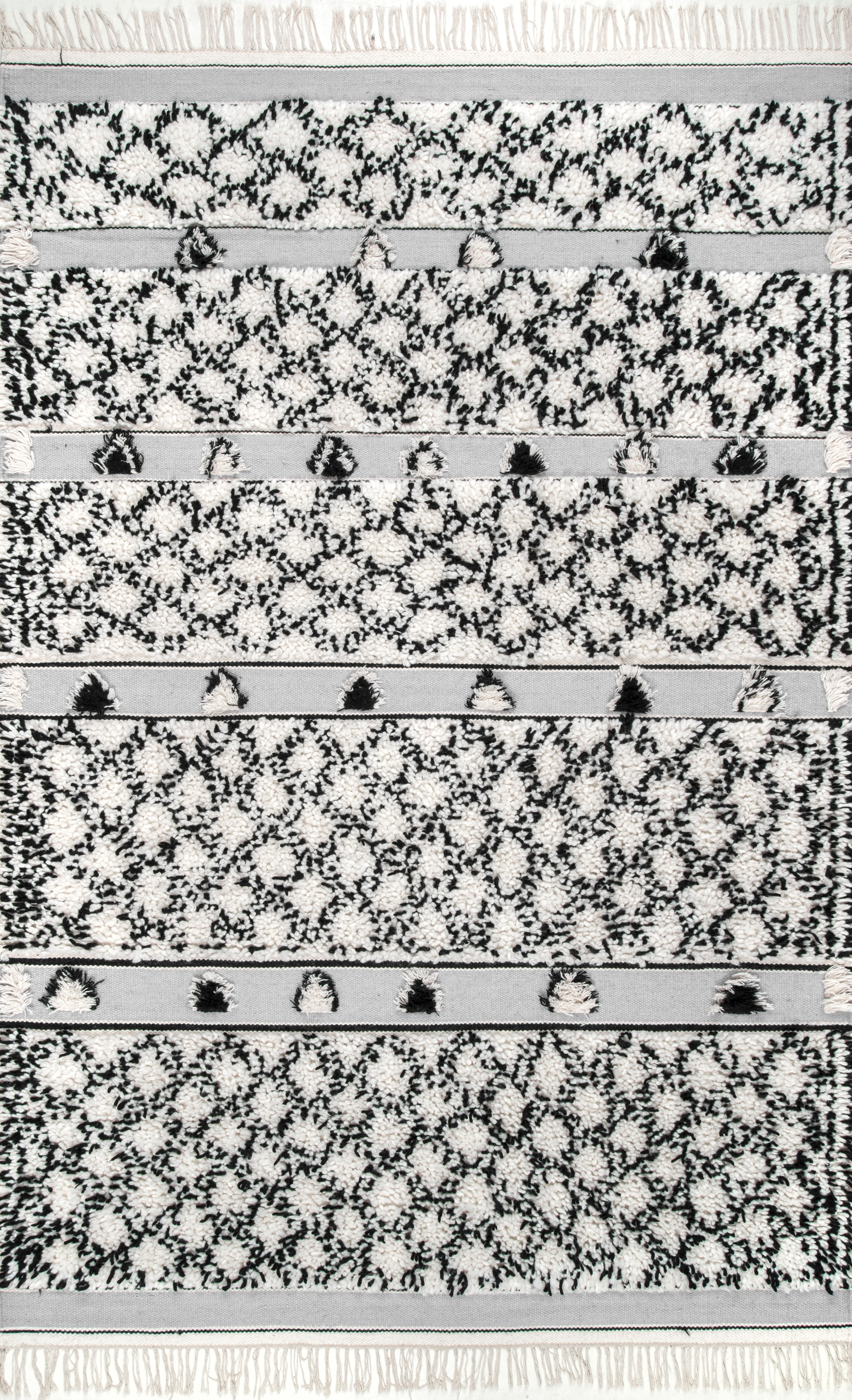 Handmade Black and White Wool Trellis Shag Rug