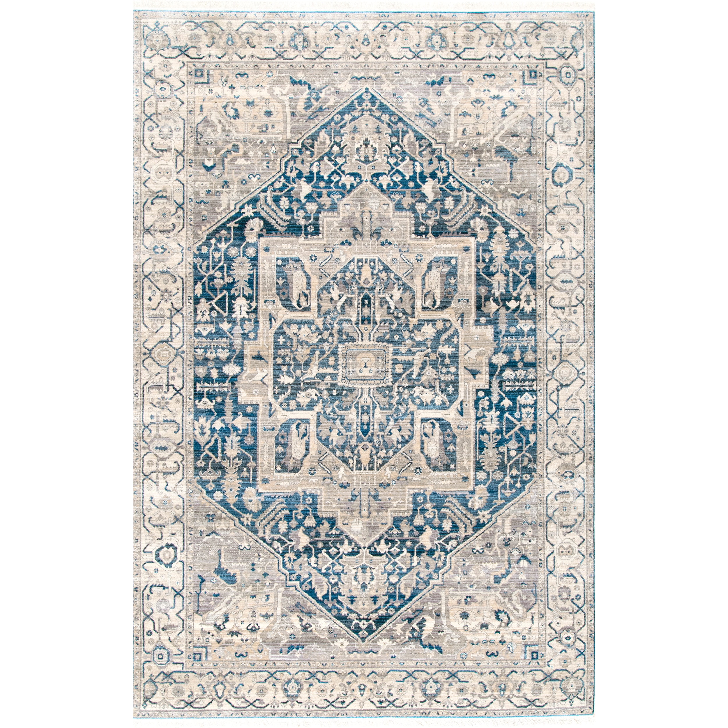 Gray and Blue Medallion Synthetic 4' x 6' Area Rug