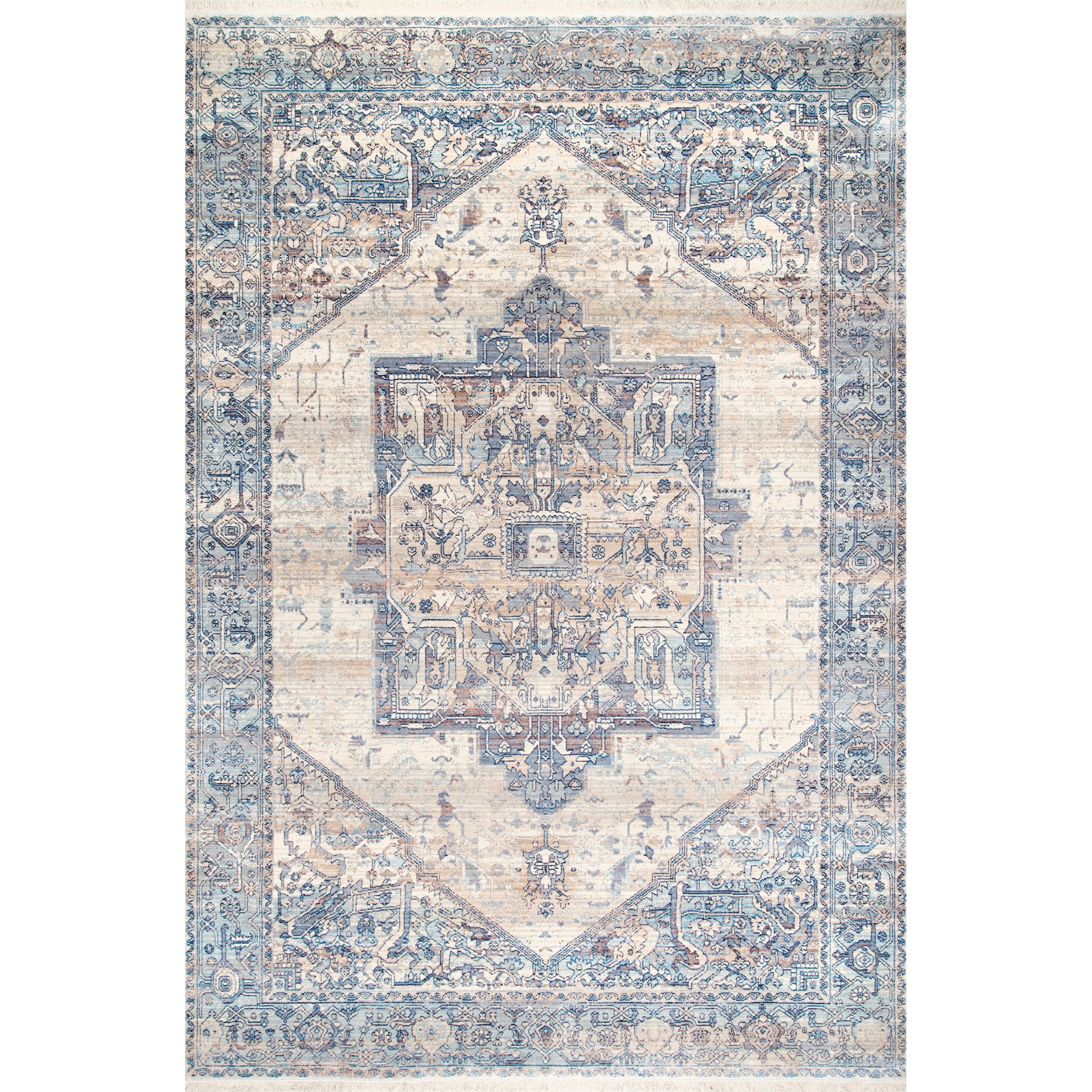 Light Blue Vintage Medallion Synthetic Area Rug with Fringe, 4' x 6'