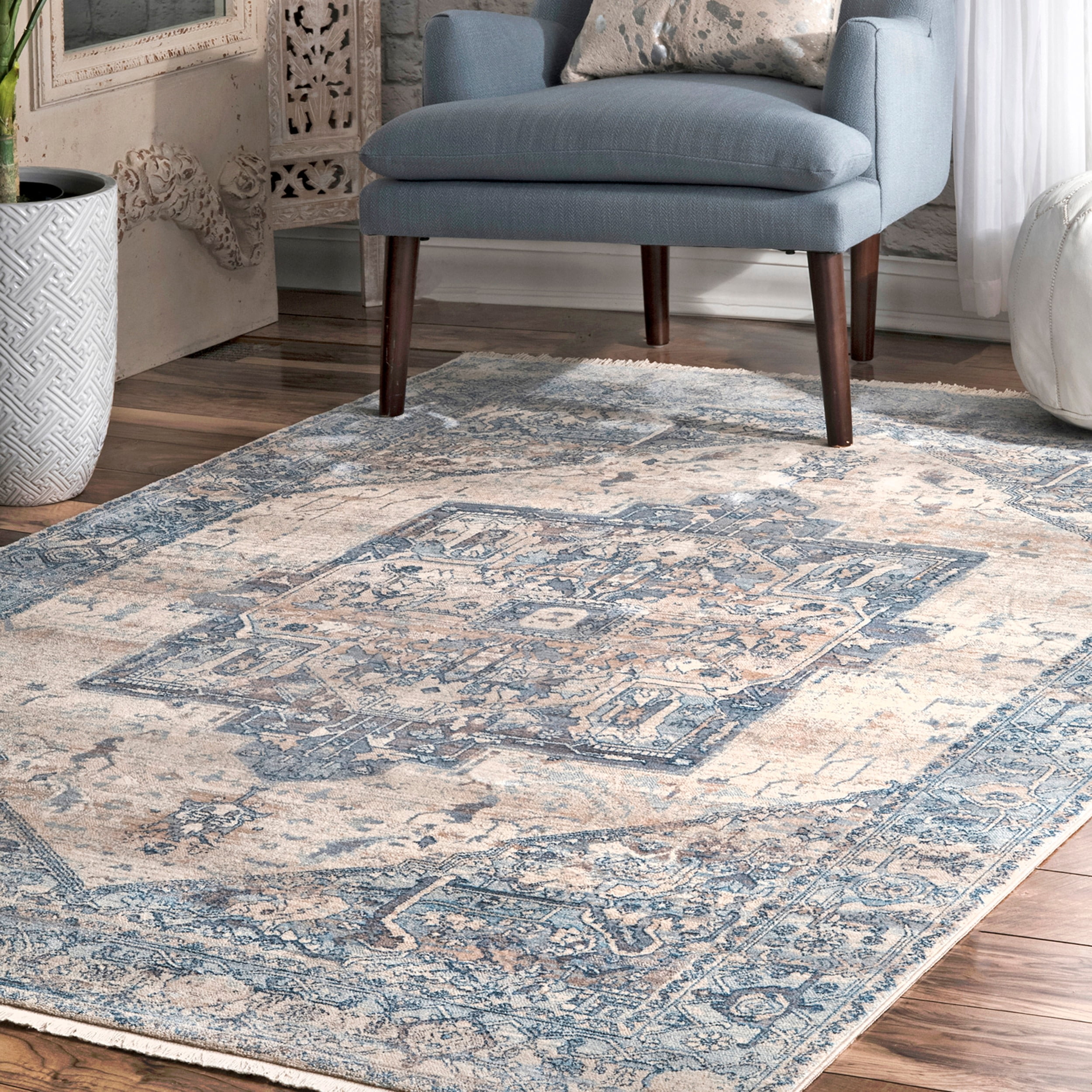 Light Blue Square Medallion Synthetic Area Rug