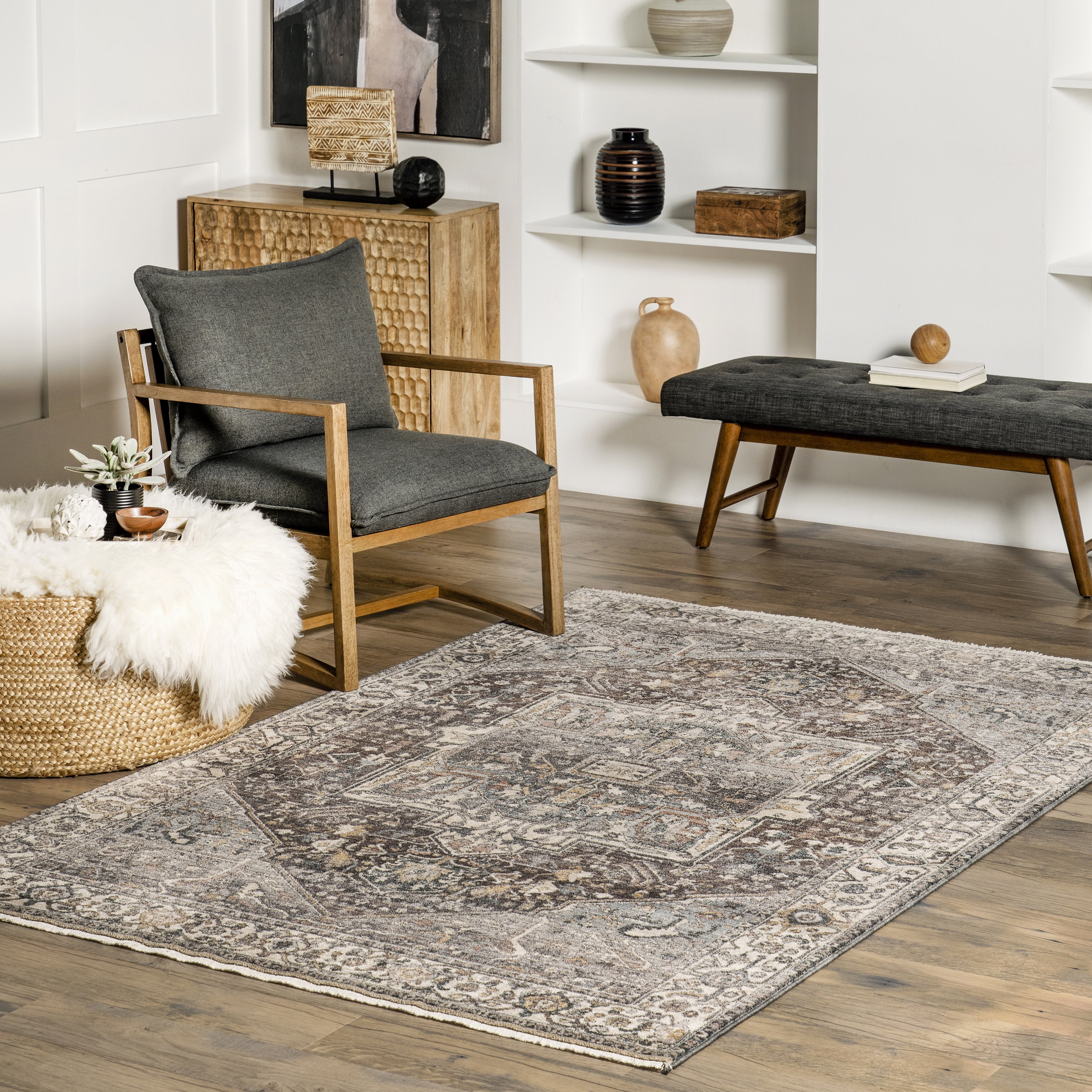 Dark Grey Rectangular Medallion Synthetic Area Rug 5' x 7'