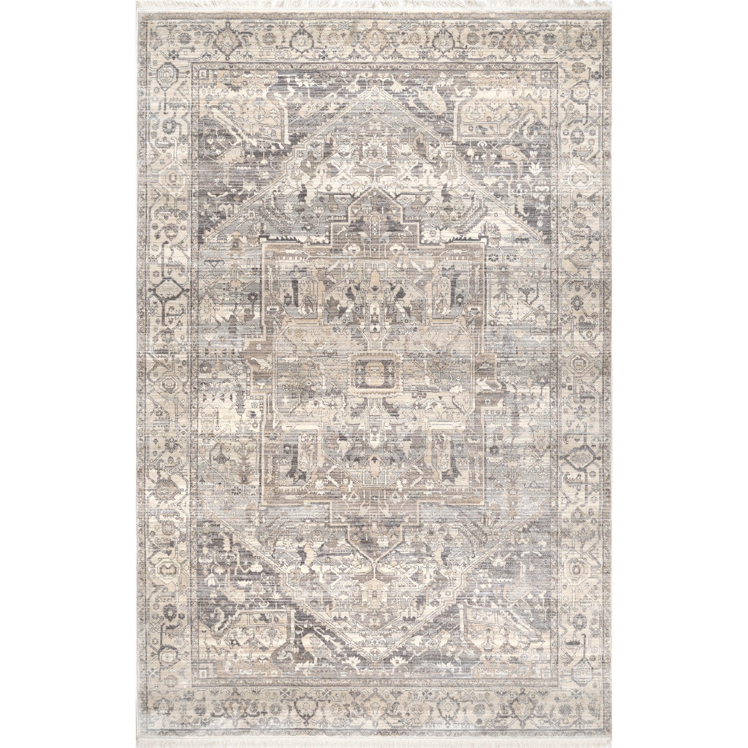 Ethel Silver Square Synthetic Medallion Area Rug with Fringe