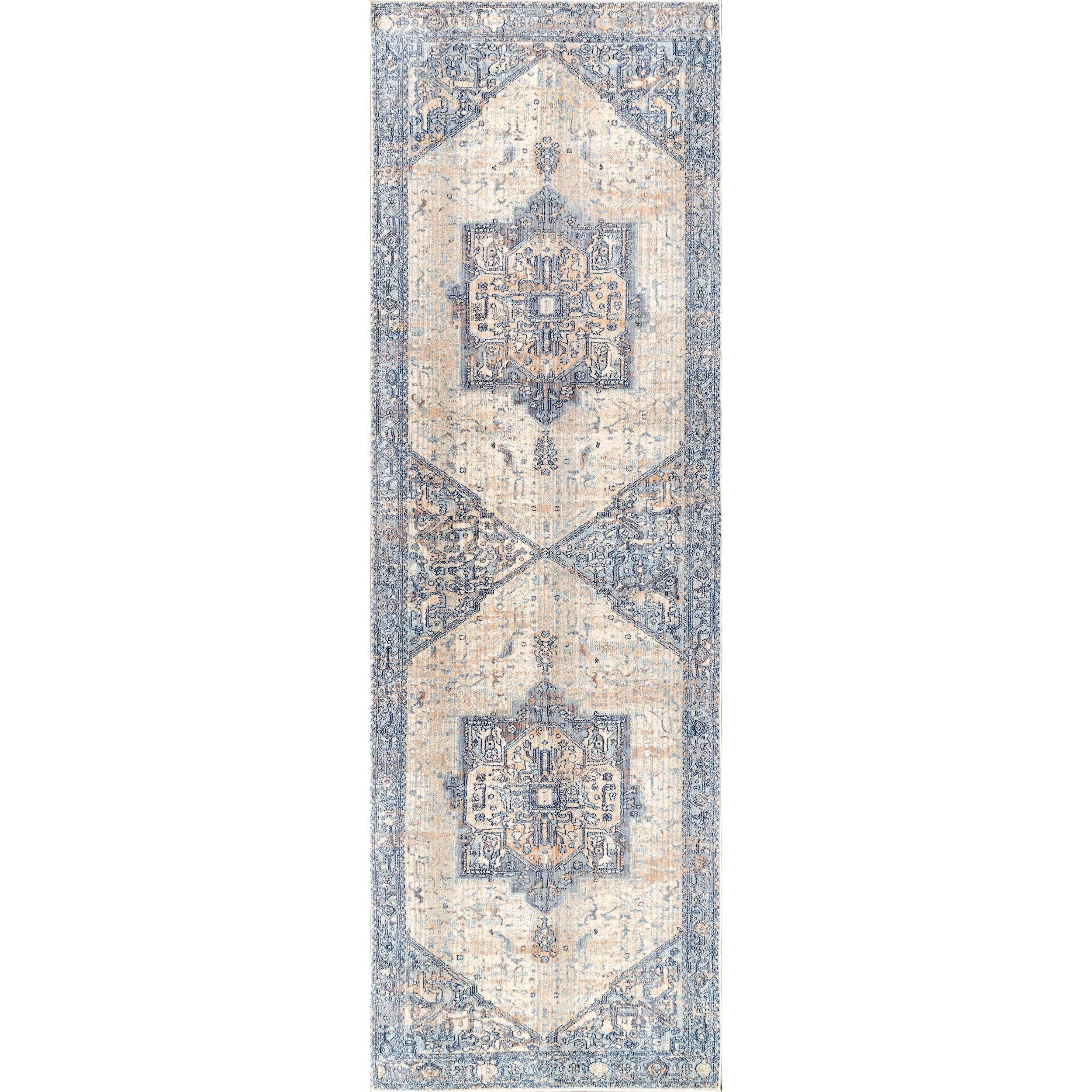 Light Blue Vintage Medallion Fringe Runner Rug