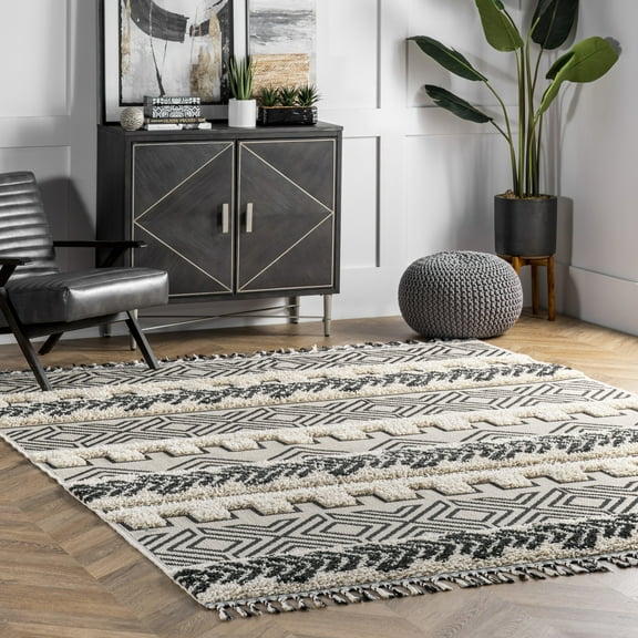nuLOOM Zuri Shaggy Banded Tribal Area Rug, 3' x 5', Zuri Light Grey