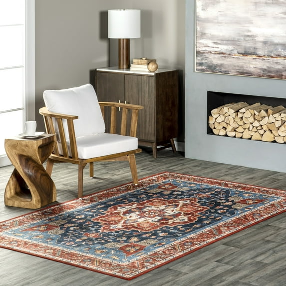 nuLOOM Hera Medallion SplashGuard Machine Washable Area Rug, 3' x 5', Hera Blue
