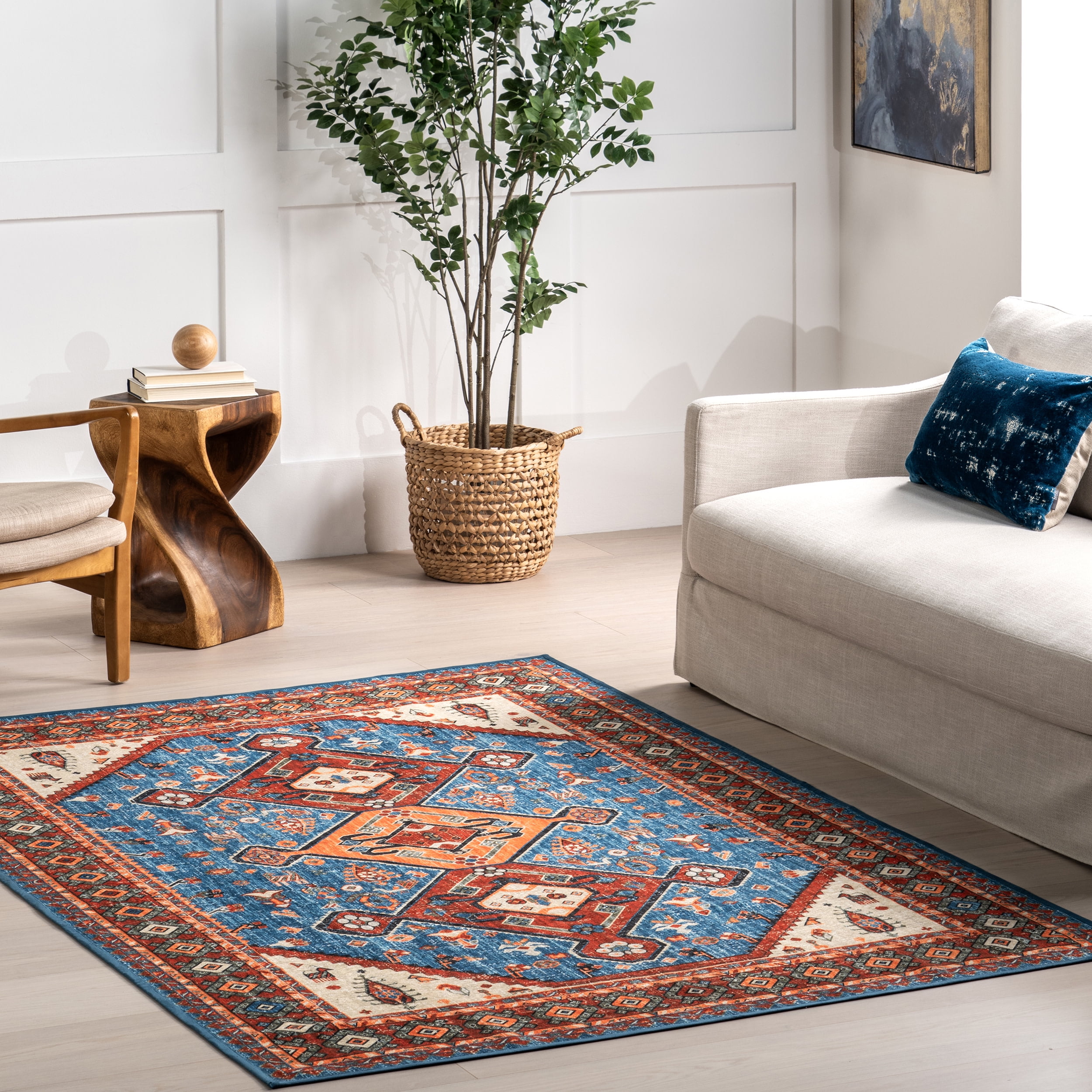Idell Blue and Rust Synthetic Medallion 4' x 6' Washable Area Rug