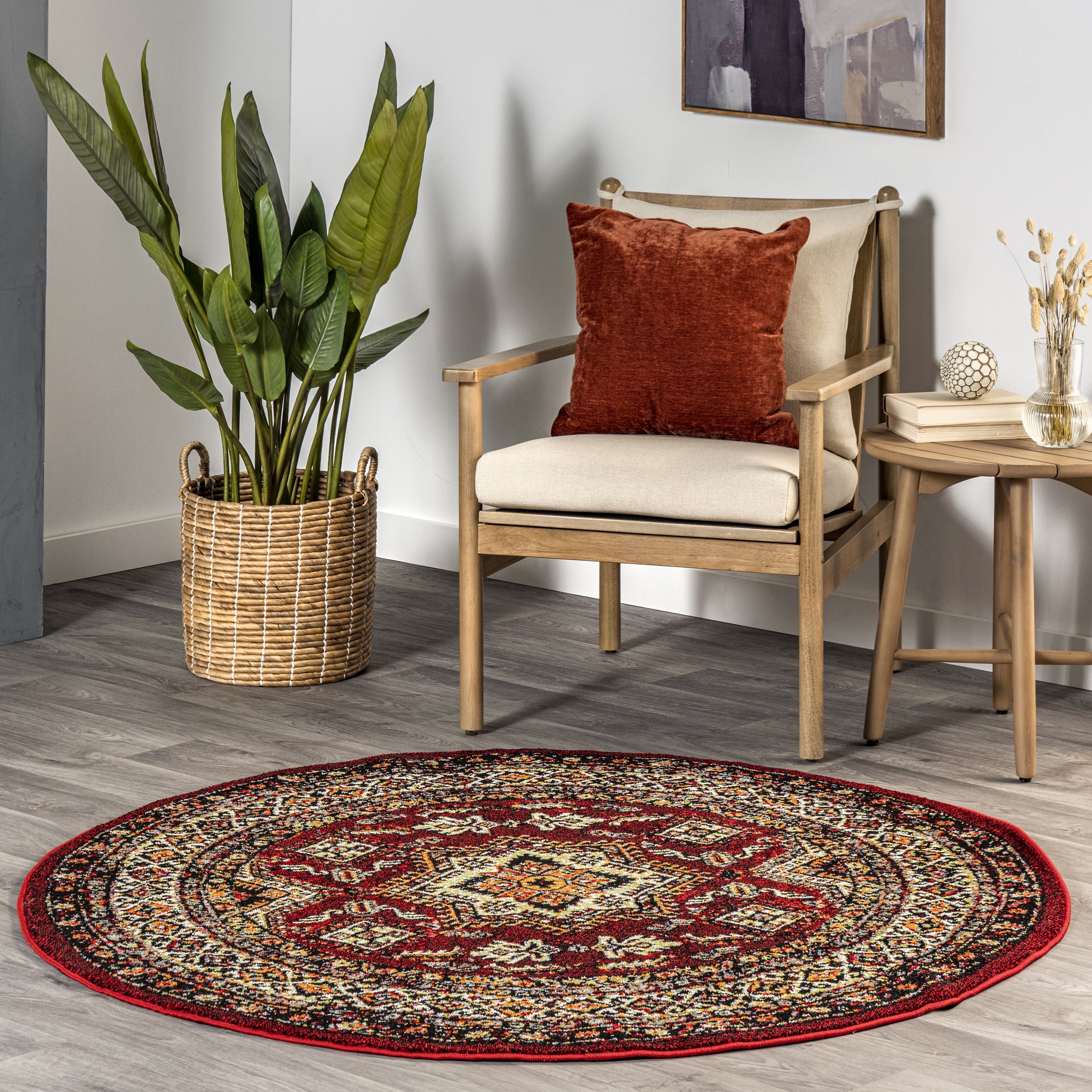 Round Red Synthetic Stain-Resistant Area Rug