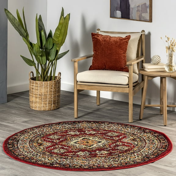 nuLOOM Indoor/Outdoor Transitional Medieval Randy Area Rug, 6', Round, Dark Red