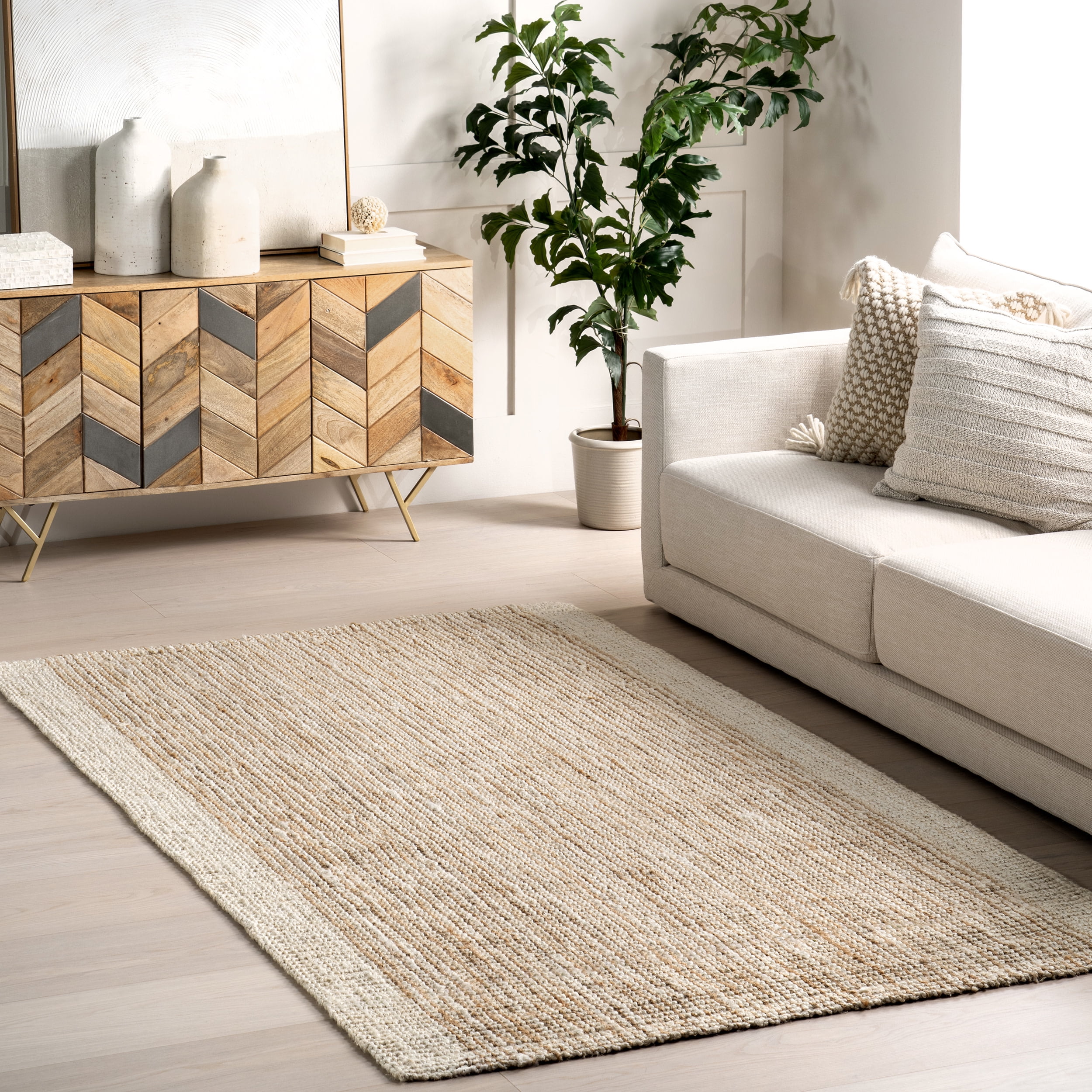nuLOOM Jacinta Classic Striped Border Jute Area Rug, 9' x 12', Ivory