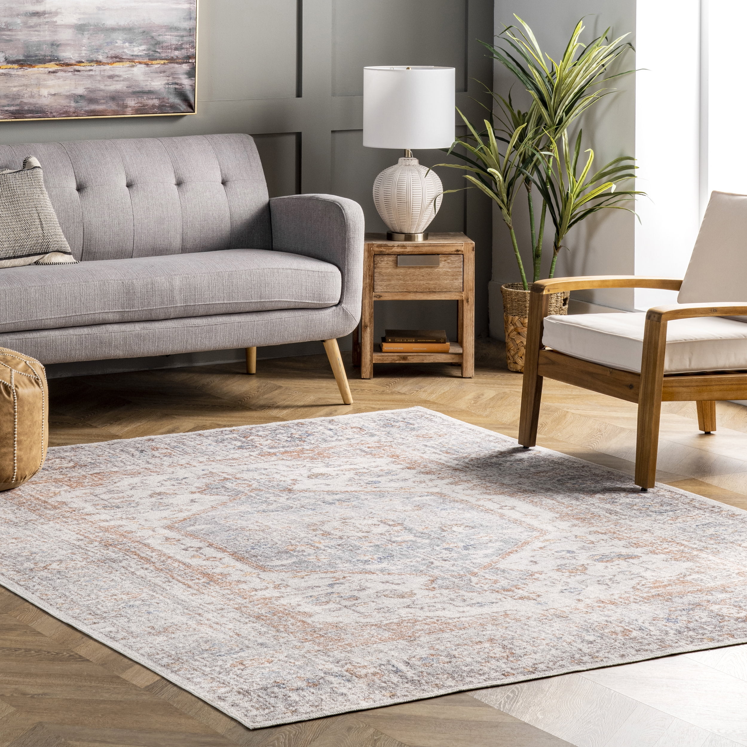 Easy-Care Vintage Floral 8' Round Gray Synthetic Rug