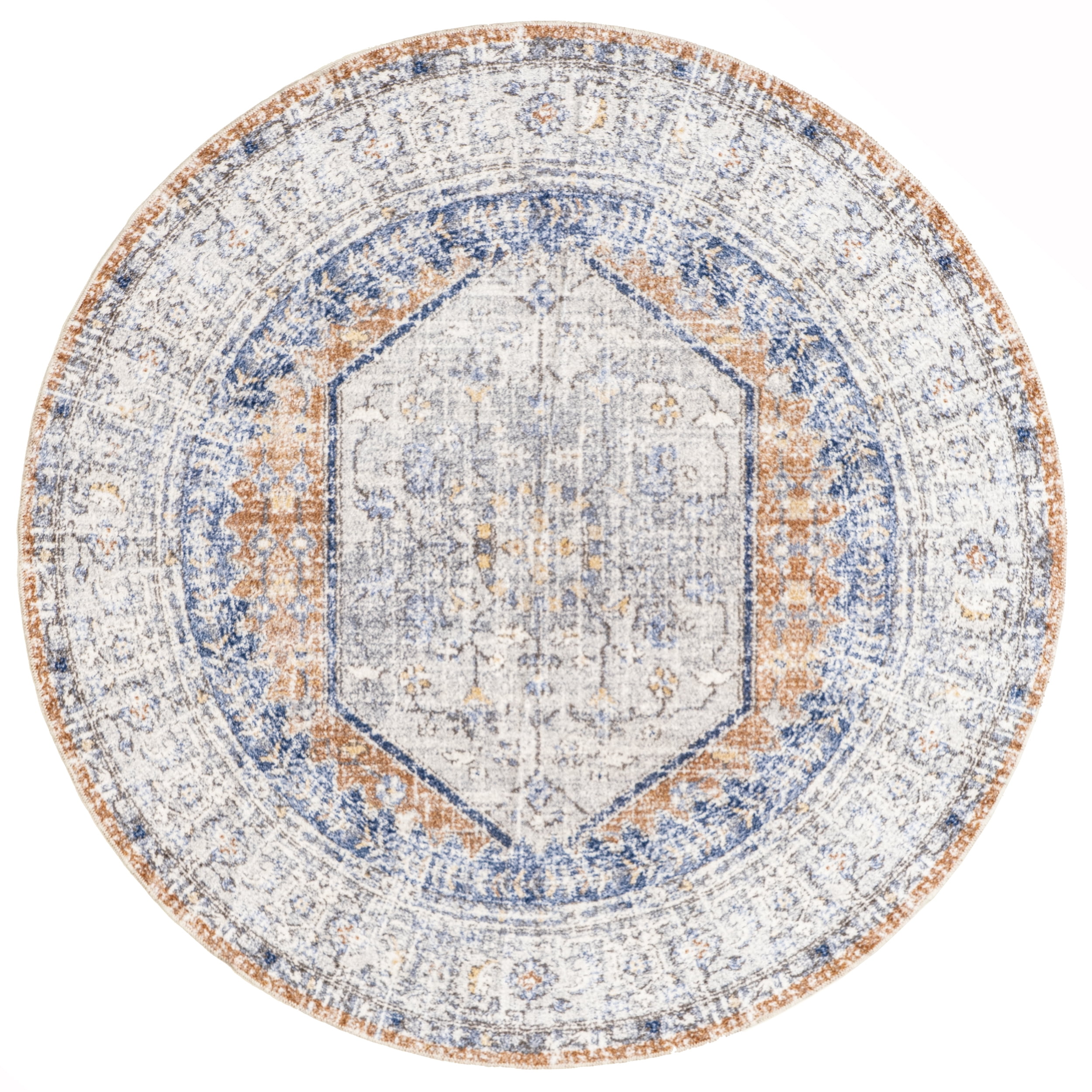 Peach and Beige Round Washable Oriental Rug