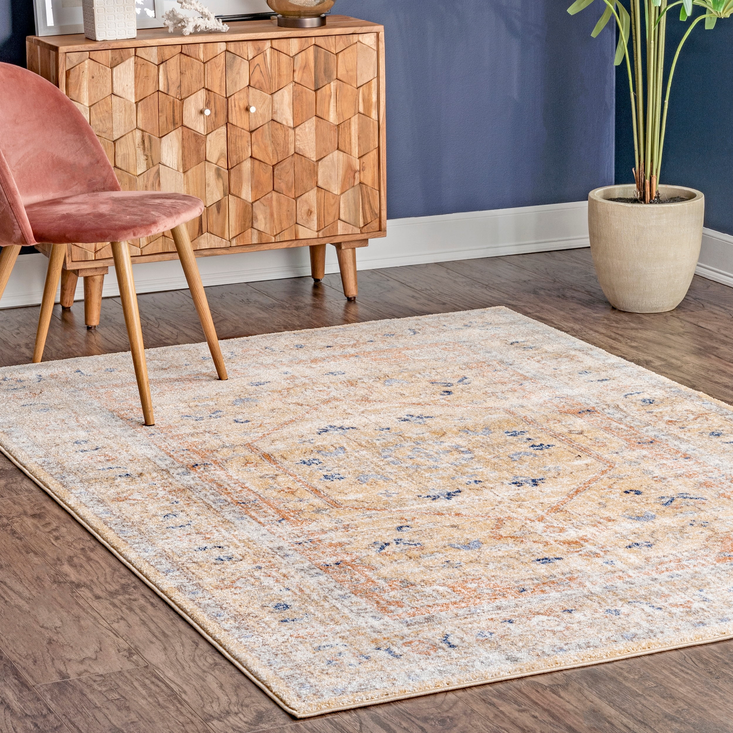 Gold and Nude Synthetic Floral Rectangular Area Rug