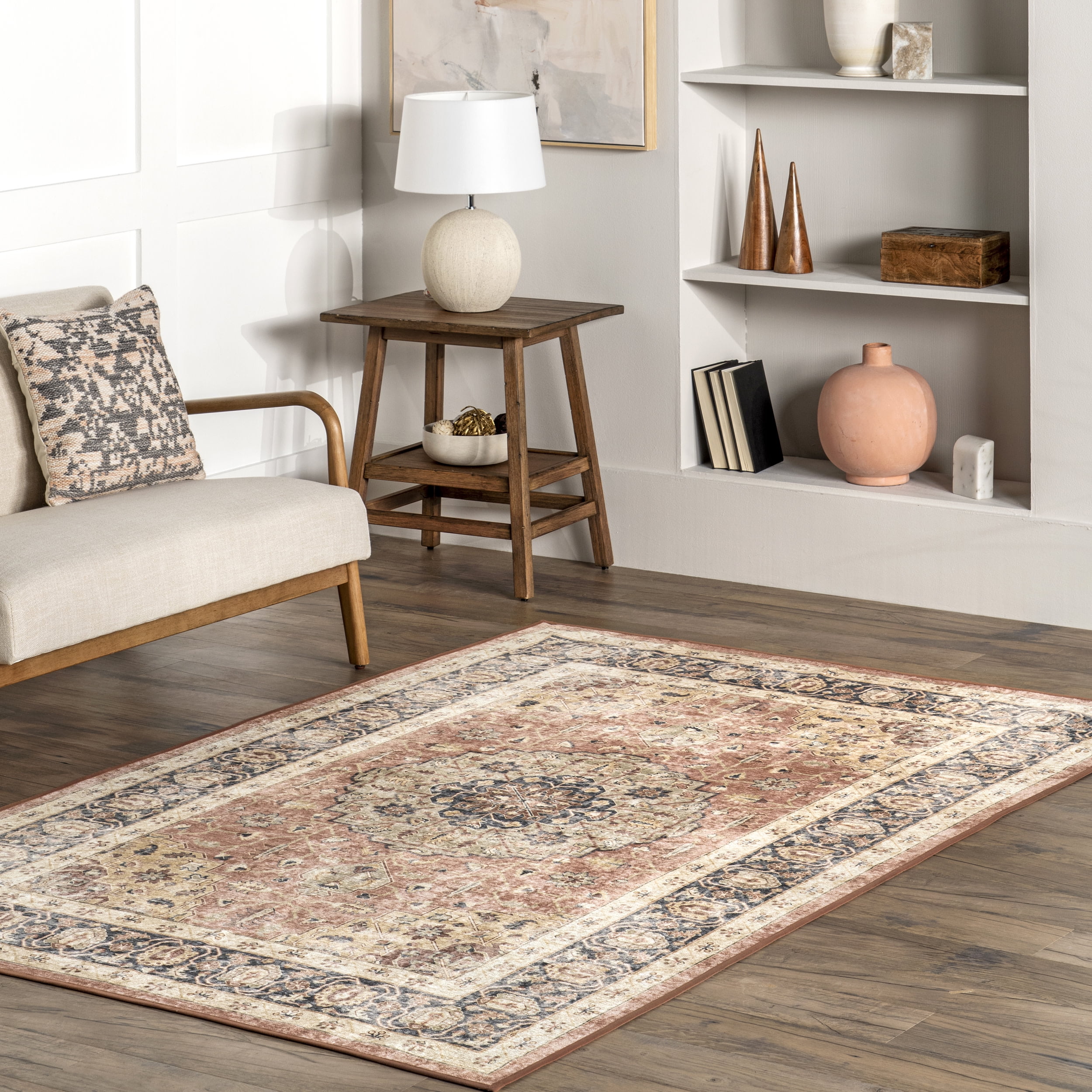 nuLOOM Jessa Faded Medallion Machine Washable Area Rug, 4' x 6', Peach
