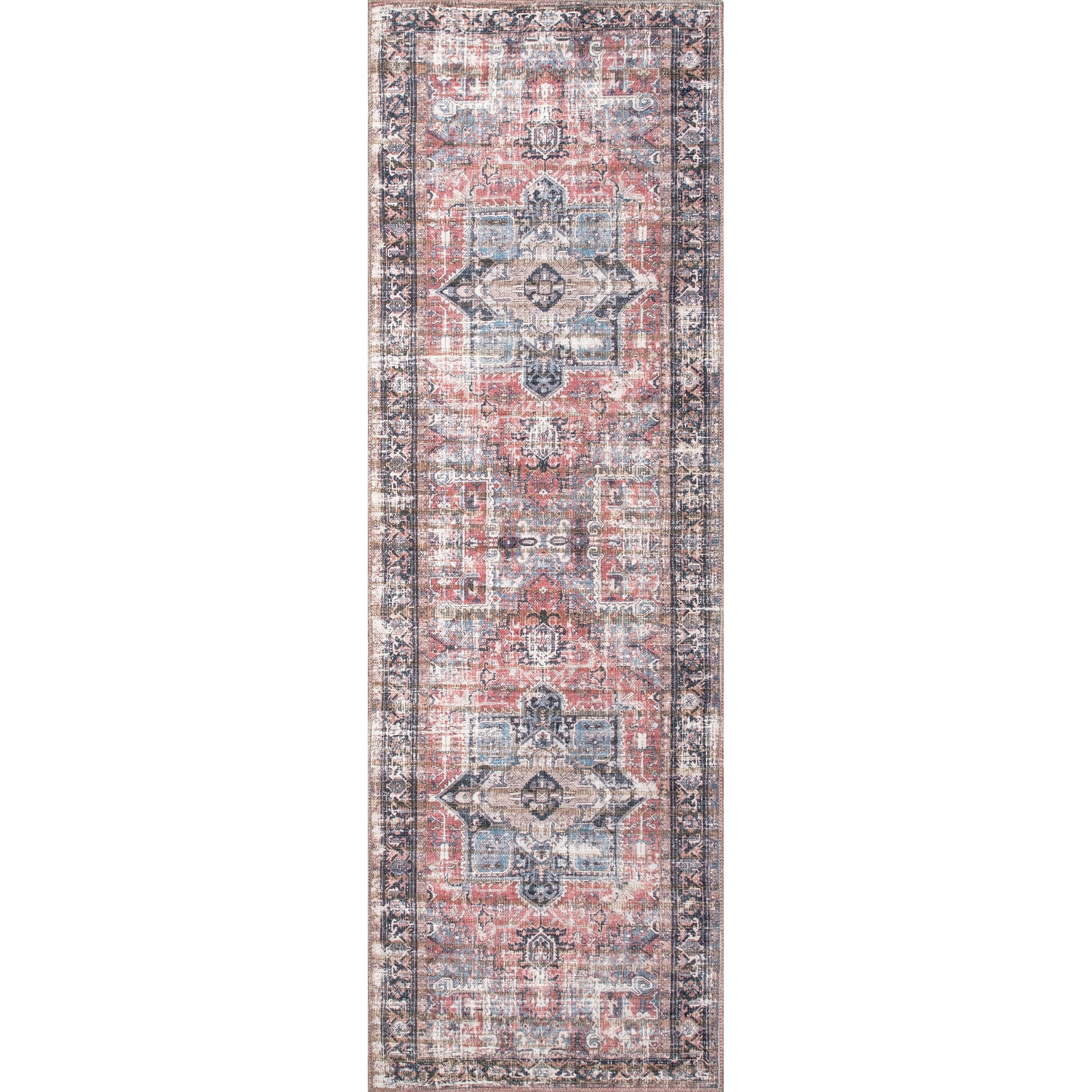 nuLOOM Jessie Machine Washable Distressed Traditional Medallion Runner Rug, 2' 8" x 8', Rust