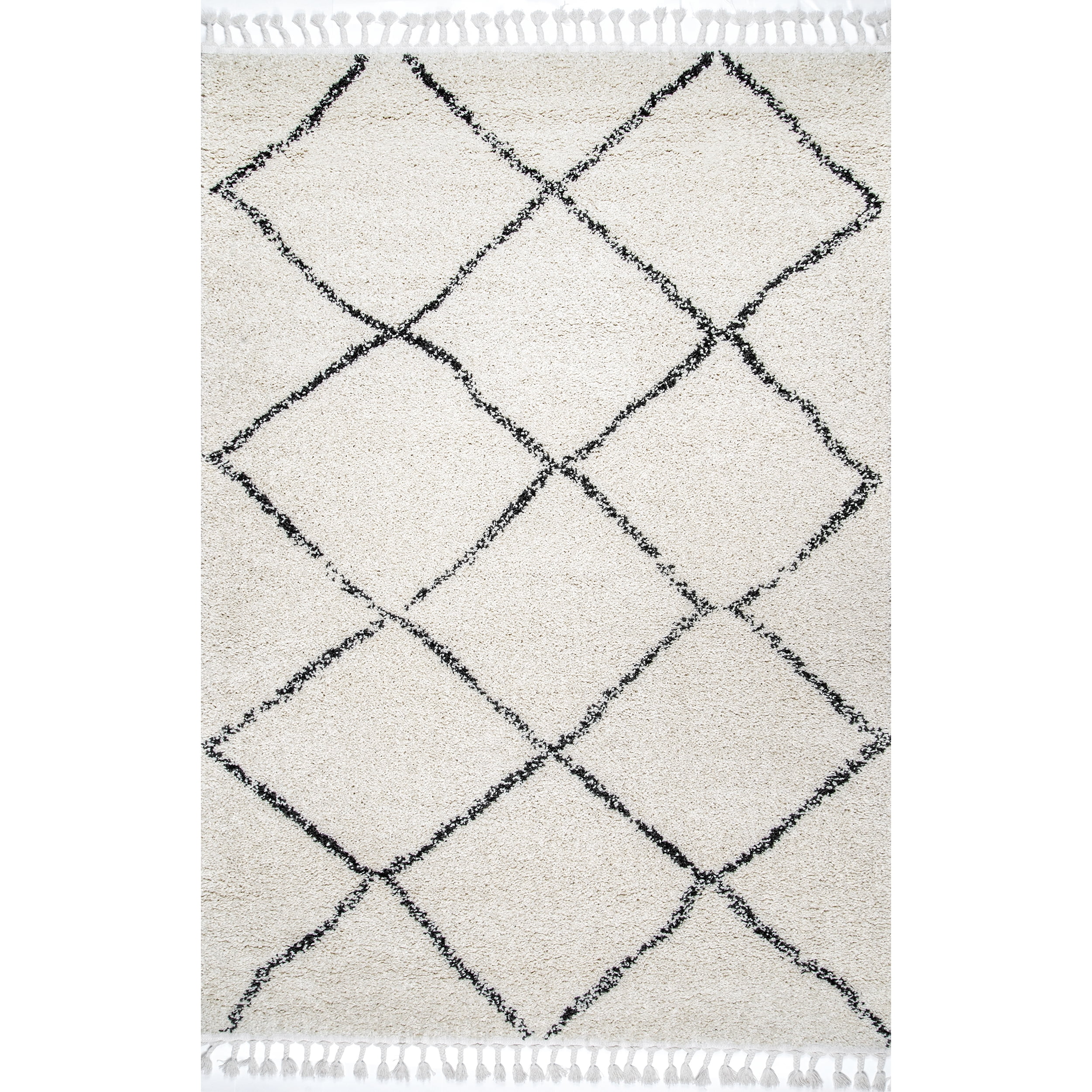 Off-White and Black Synthetic Shag Rectangular Area Rug 10' x 14'