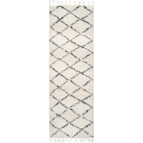 nuLOOM Jessie Moroccan Lattice Tassel Shag Runner Rug, 2' 6" x 16', Off White