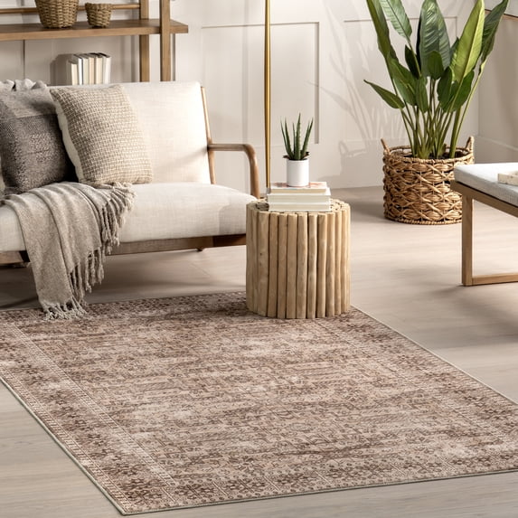 nuLOOM Jett Floral Border SplashGuard Machine Washable Area Rug, 5' x 8', Jett Beige
