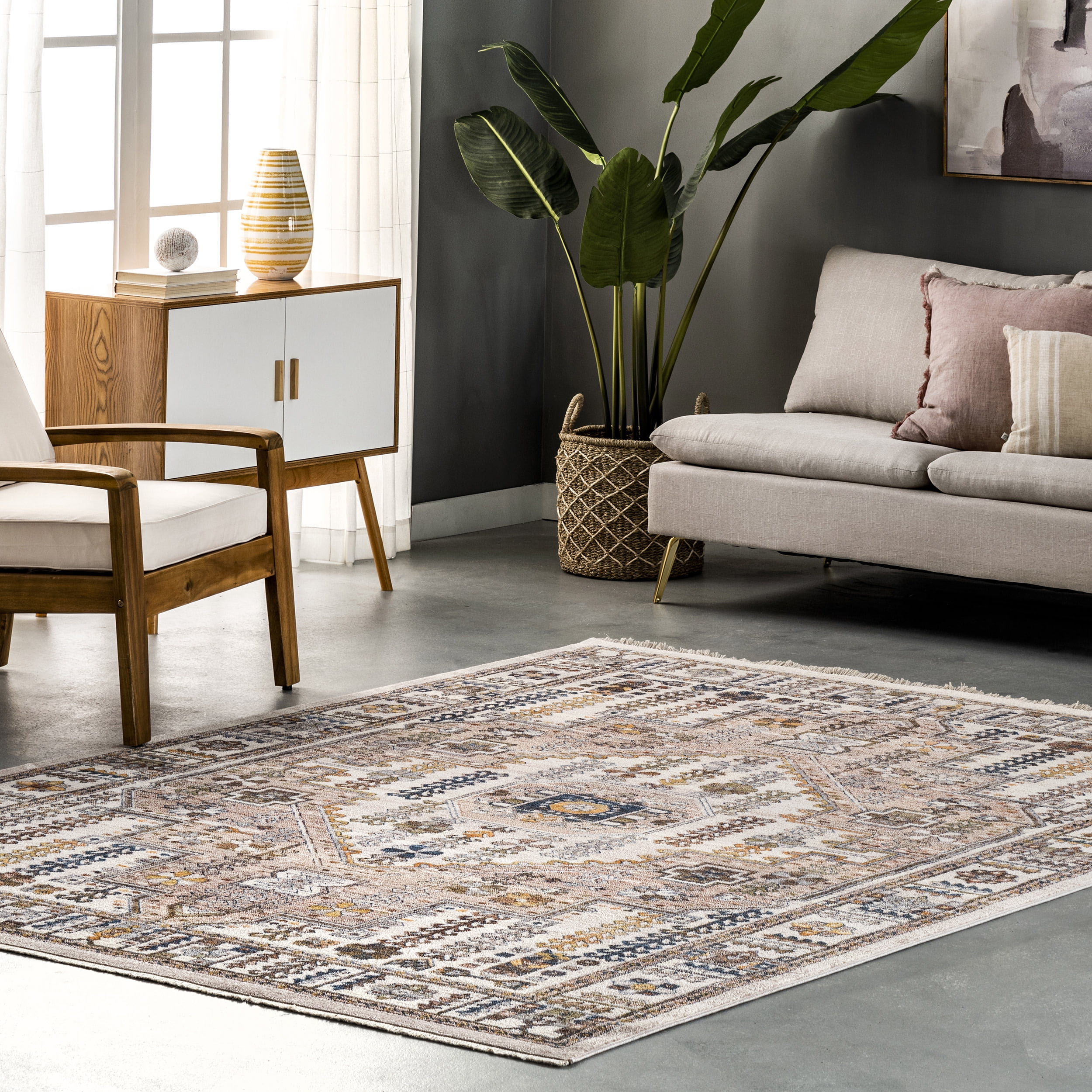Southwest-Inspired Medallion Fringe Rug 3'x5' in Beige